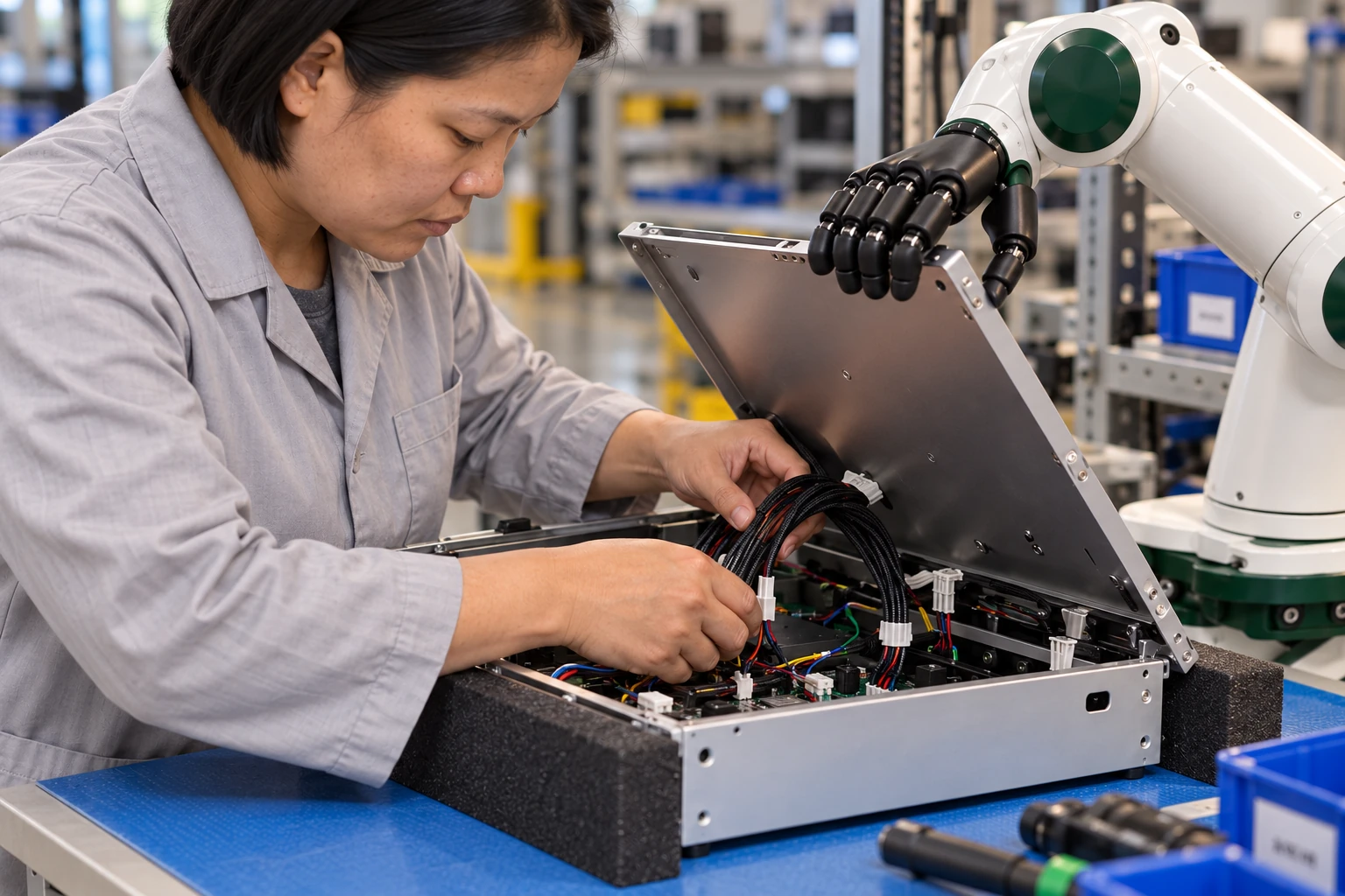 Muscle steadies a lightweight enclosure lid by its rigid exterior while the assembler uses both hands to inspect the supported cable clearance beneath it.