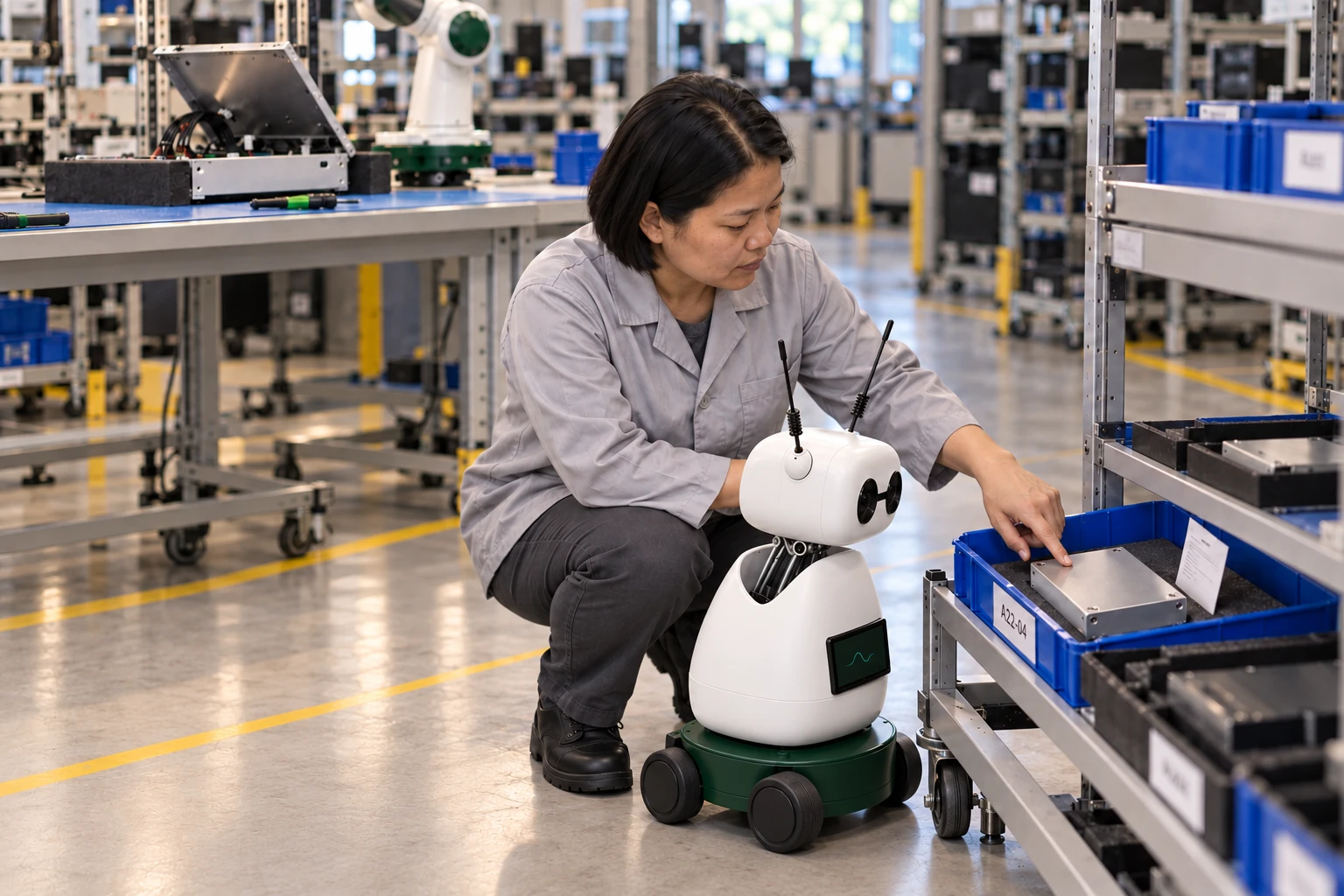 Assembler explains which enclosure sample records the accepted external finish and hardware revision. The worker shows Mini the approved enclosure sample, now in the blue-lined compartment with the white revision tag on the lower quality cart; Mini listens and looks at that actual object.