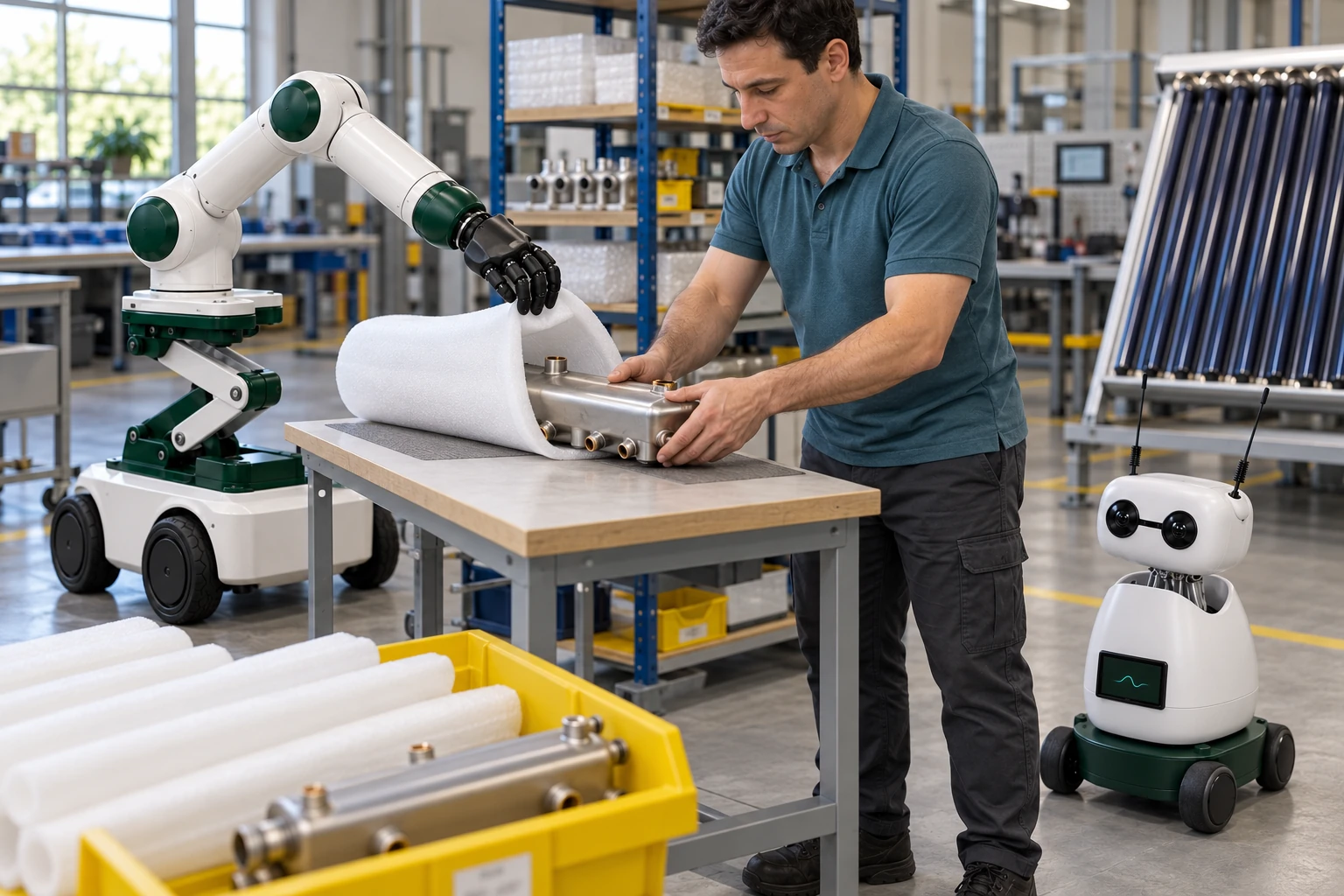 Muscle keeps the foam sleeve mouth open while the operator uses both hands to slide a small finished manifold cover into it.