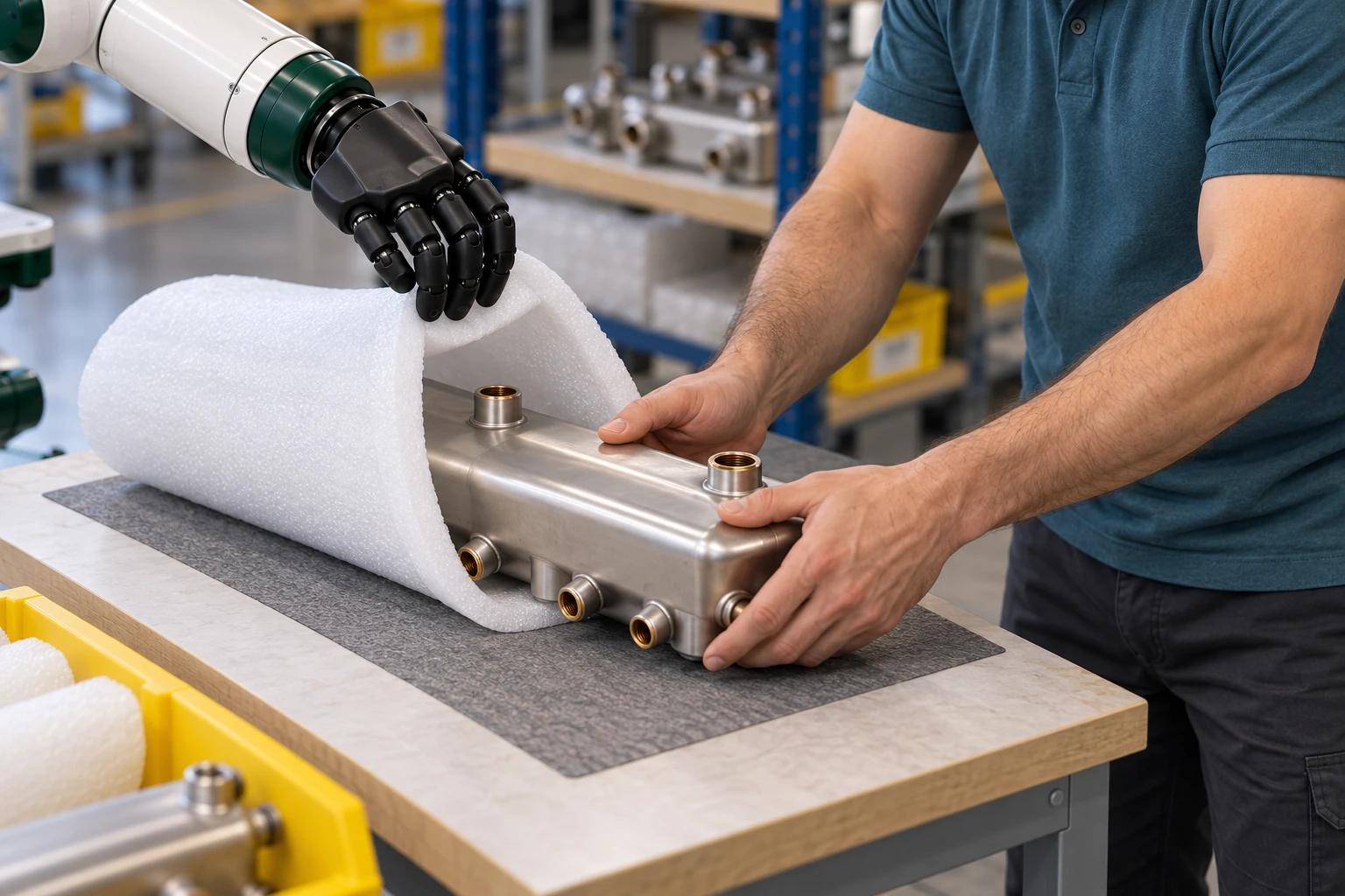 Muscle keeps the foam sleeve mouth open while the operator uses both hands to slide a small finished manifold cover into it.