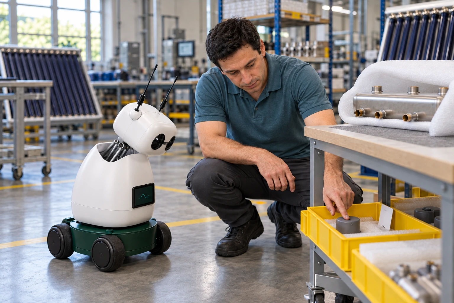 Operator explains which end-cap size belongs to this collector model. The worker shows Mini the approved end-cap sample, now in the yellow sample tray on the lower dispatch shelf; Mini listens and looks at that actual object.