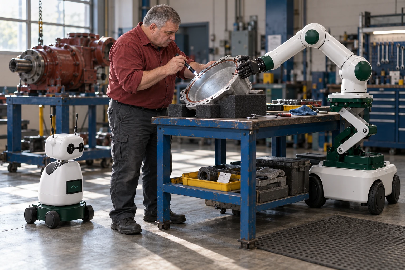 Muscle steadies a lightweight service cover while the technician uses both hands to inspect its gasket and mating edge.