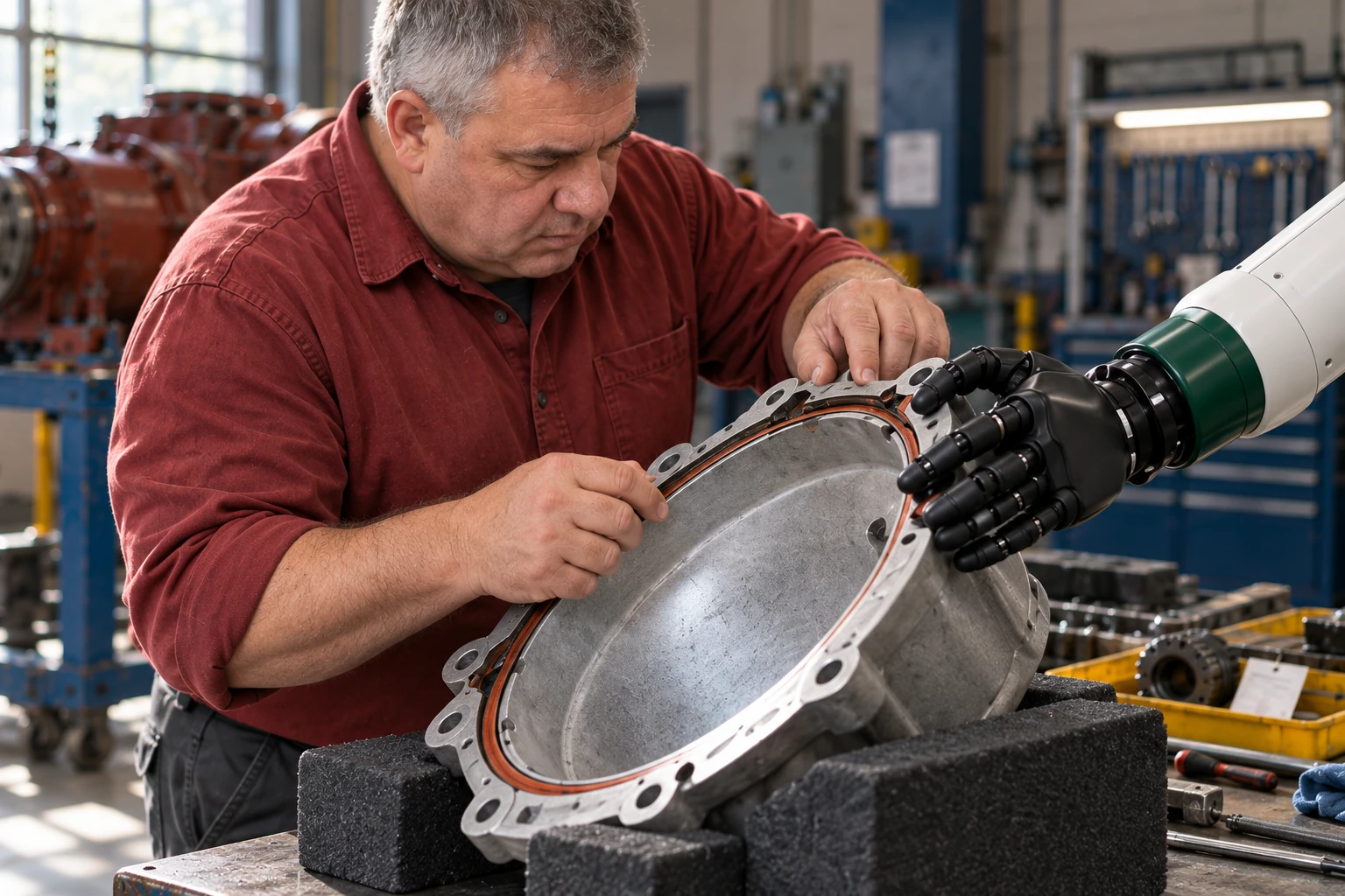 Muscle steadies a lightweight service cover while the technician uses both hands to inspect its gasket and mating edge.