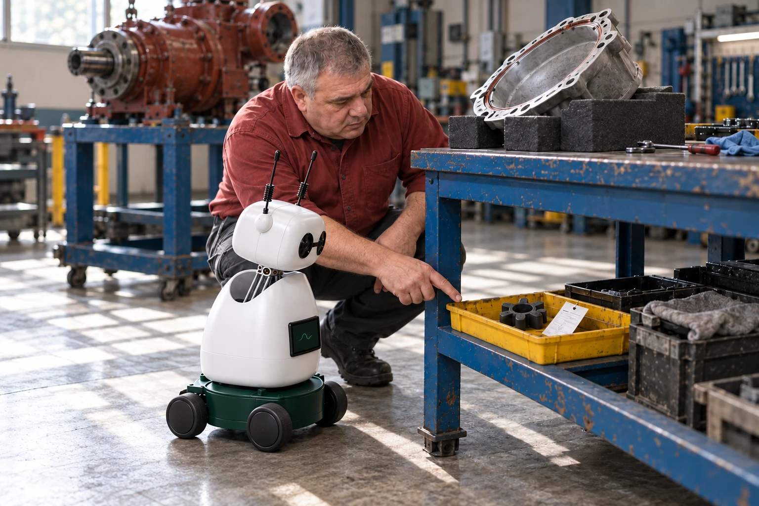 Technician explains that this insert is kept for comparison with the replacement ordered for the unit. The worker shows Mini the original coupling insert, now in the yellow tray with the service tag on the lower rack; Mini listens and looks at that actual object.