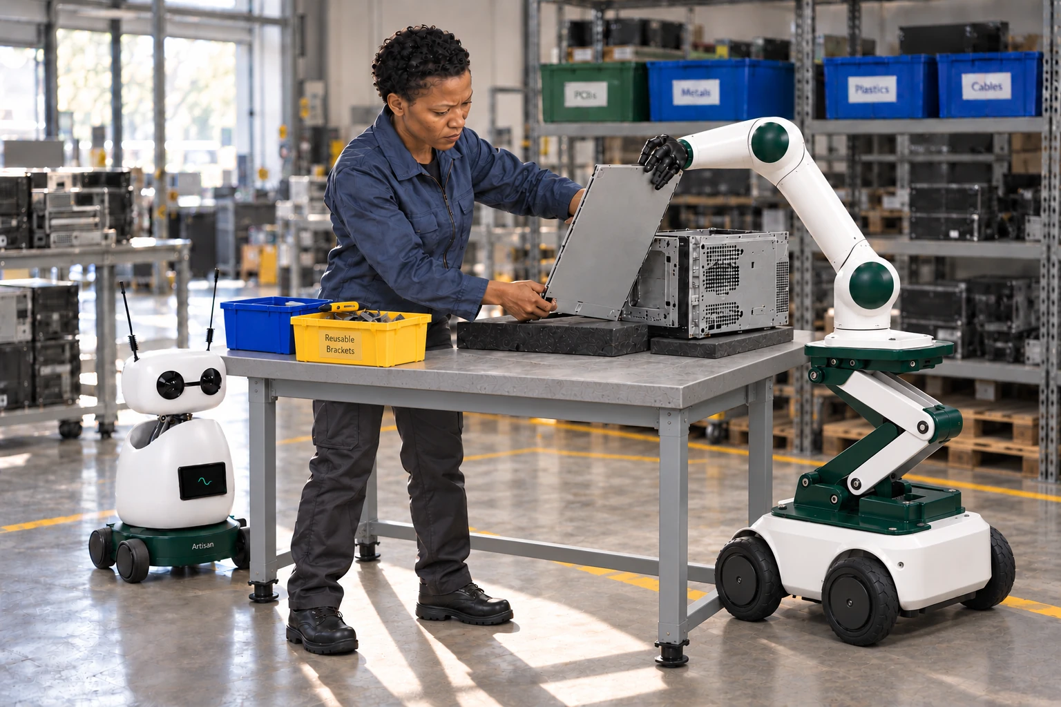 Muscle keeps the loosened rolled-edge side panel of the desktop chassis angled clear while the technician releases its remaining captive tabs with both hands. Mini observes the actual handwork from a separate clear floor position.