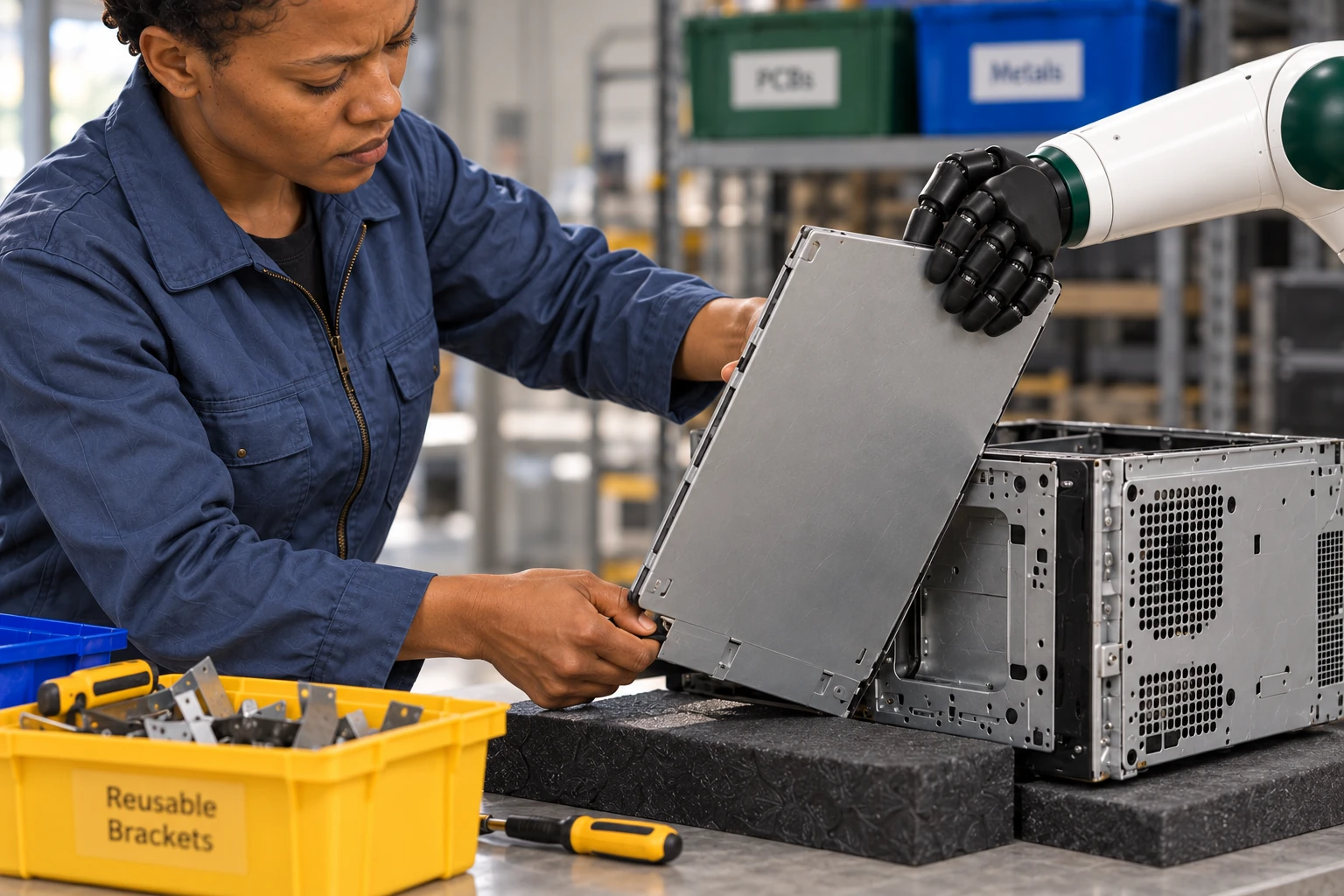 Muscle keeps the loosened rolled-edge side panel of the desktop chassis angled clear while the technician releases its remaining captive tabs with both hands.