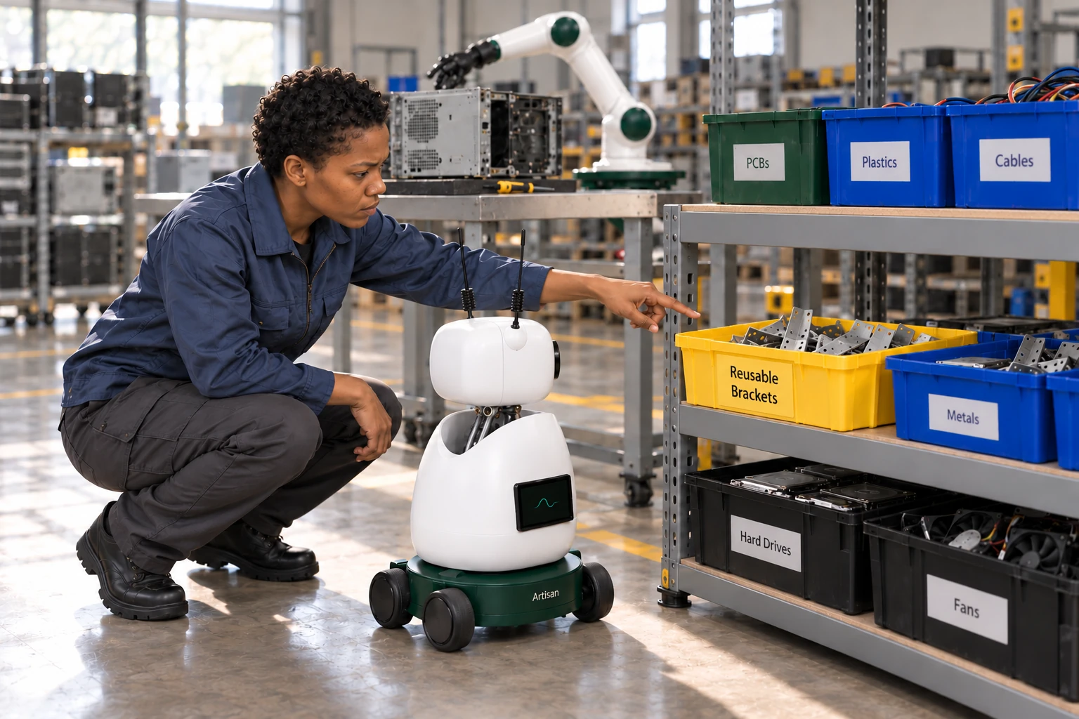The technician explains that yellow tags mark parts reserved for reuse, separate from the material-recovery bins. The worker identifies the reusable desktop brackets in a yellow-tagged parts tray on the low reuse shelf beside the disassembly bench.