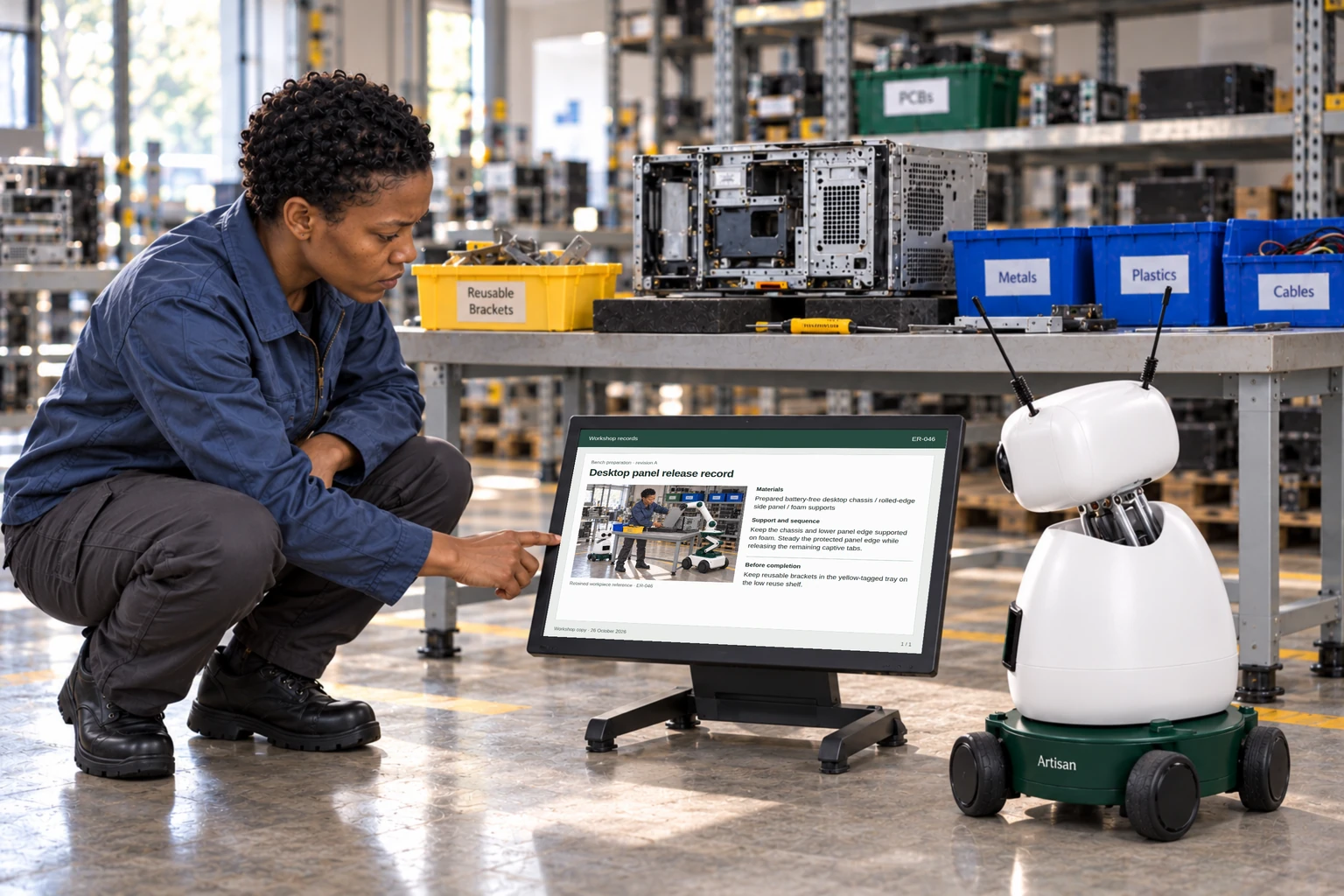 The technician and Mini consult a model-specific enclosure diagram and the unit’s recovery record.