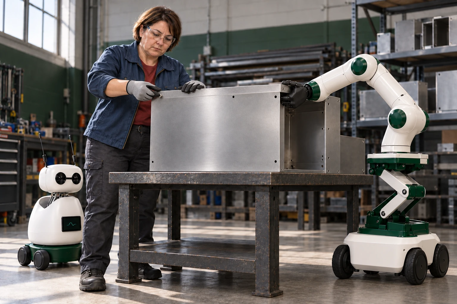 A fabricator fits an enclosure cover while the floor robot steadies its free upper corner and Mini stands alongside.