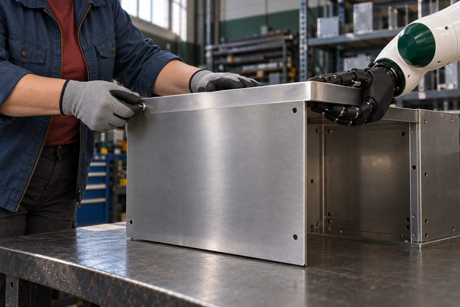 The black robotic hand supports a formed cover return while the fabricator locates a screw; the cover’s lower edge rests on the bench.
