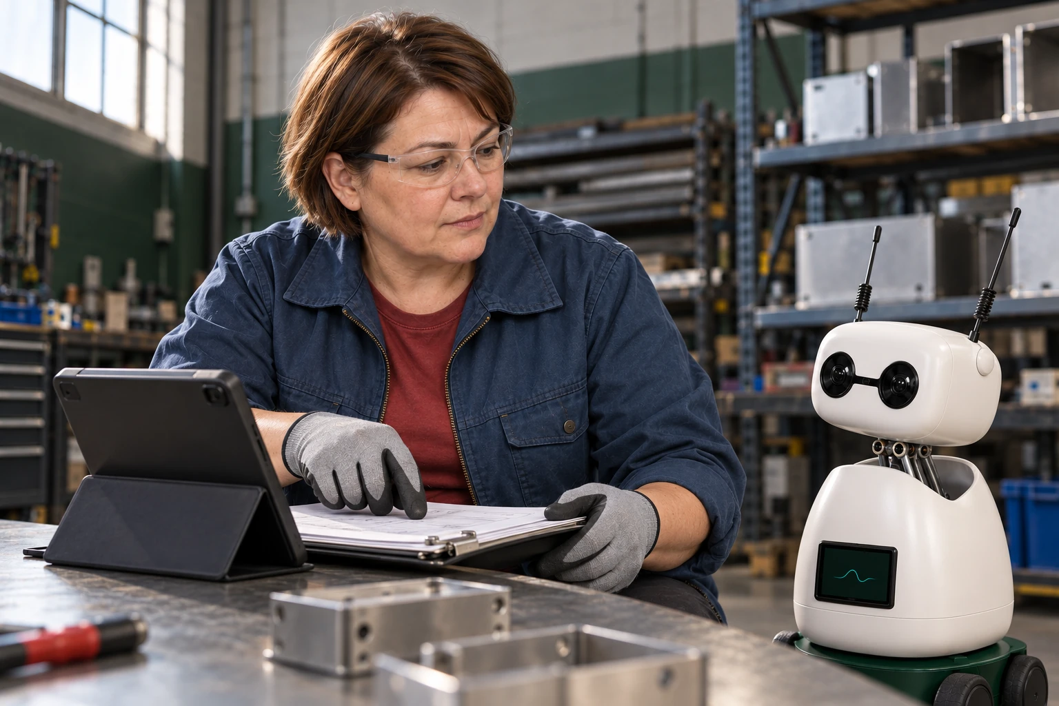 The fabricator checks a tablet and job folder beside Mini at the assembly bench.
