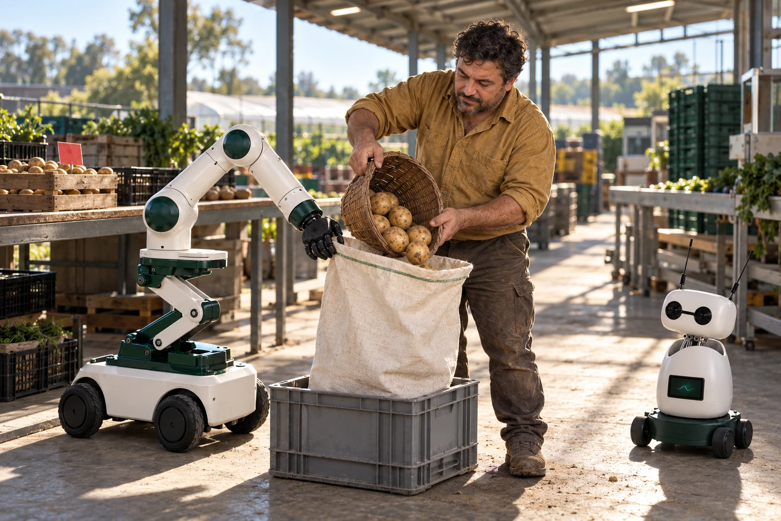 Muscle holds open the reinforced mouth of a produce sack while a farm worker tips a small basket of potatoes into it with both hands. Mini observes the actual handwork from a separate clear floor position.