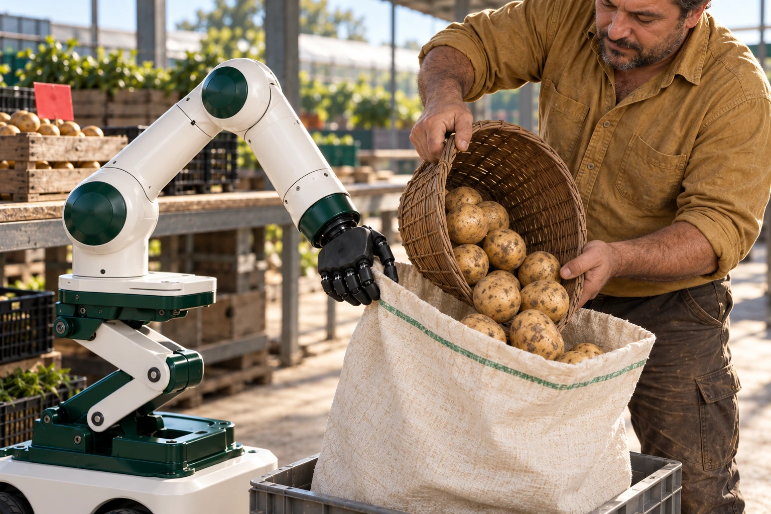 Muscle holds open the reinforced mouth of a produce sack while a farm worker tips a small basket of potatoes into it with both hands.