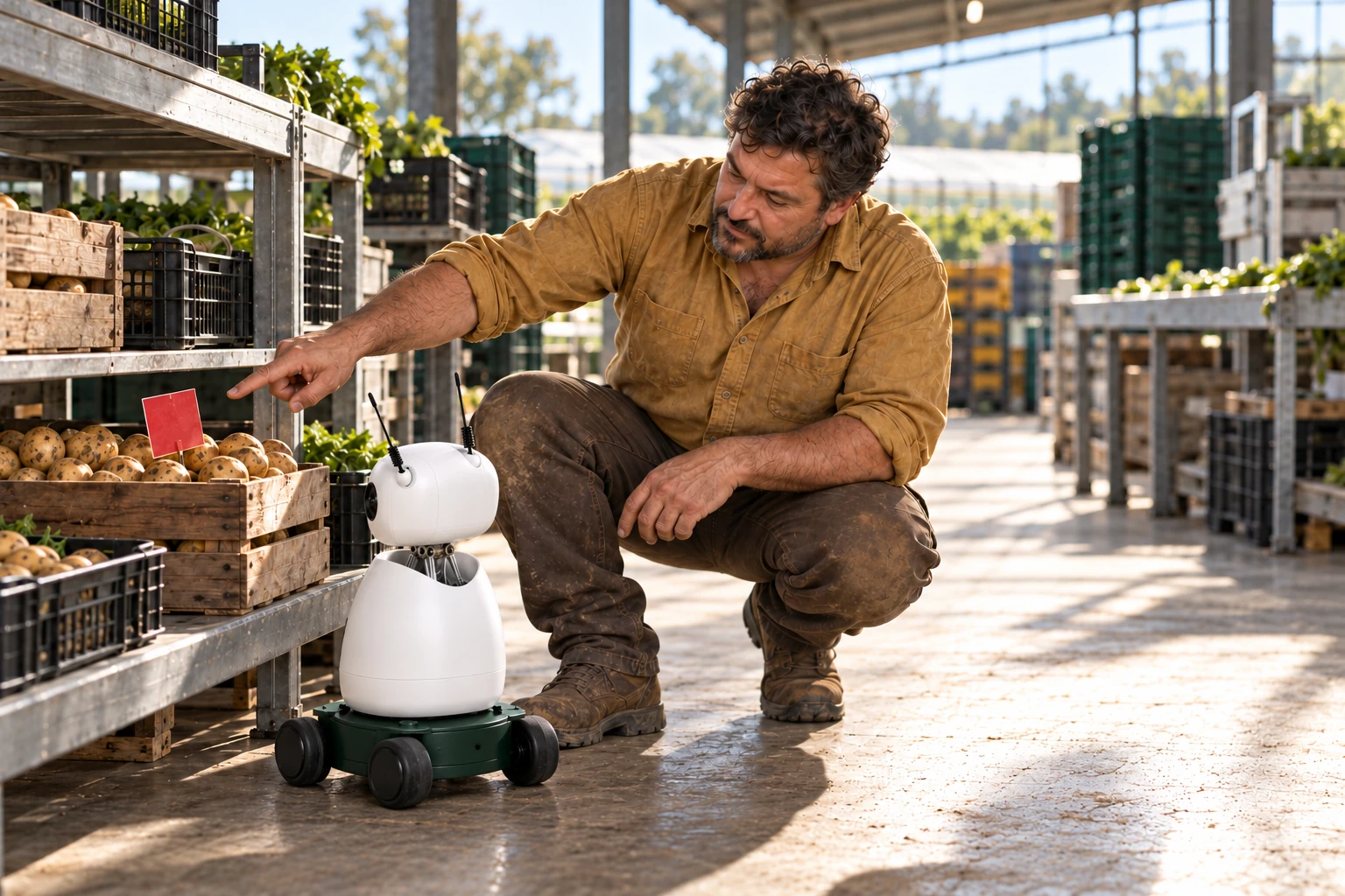 The grower explains that the marked sample records which variety belongs to this harvest lot, so later orders stay consistent. The worker identifies the reserved seed-potato sample crate with its red variety card on the low reference shelf in the packhouse.