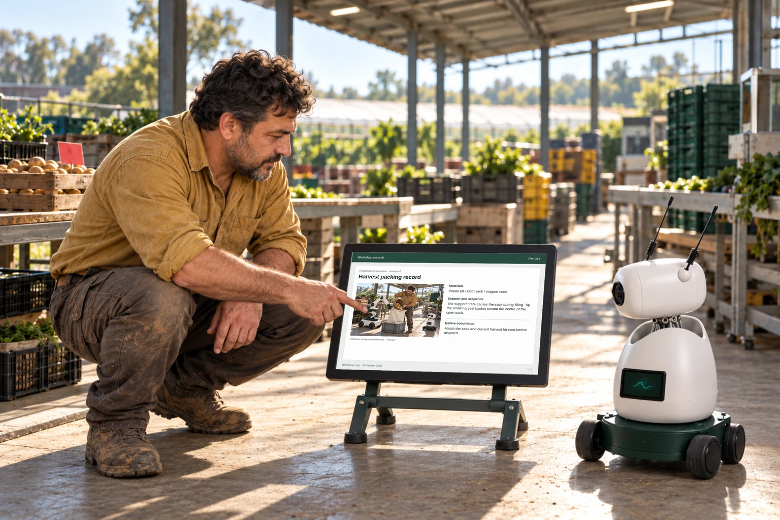 The grower and Mini consult a crop packing specification beside the current harvest lot card.
