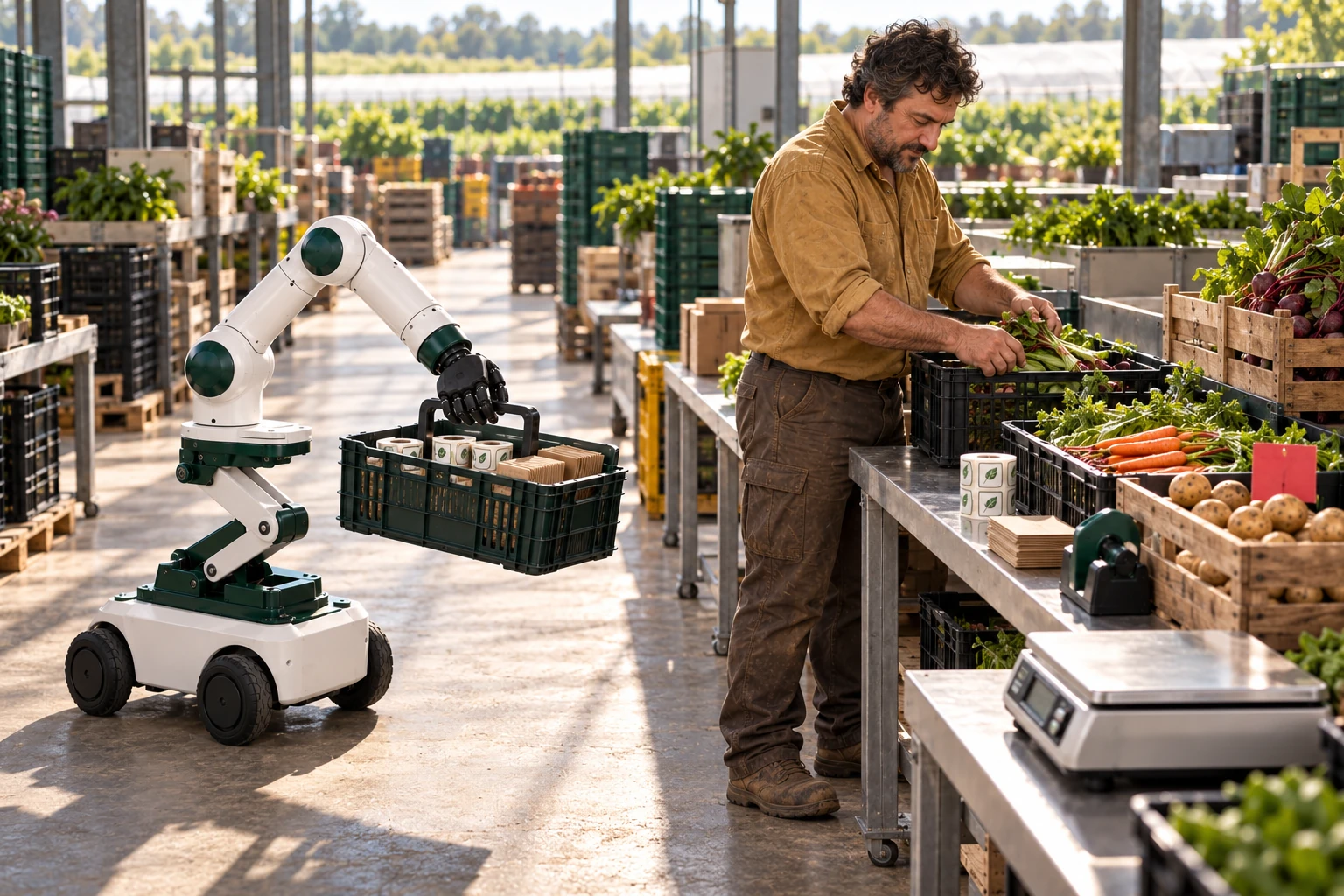 Muscle brings one empty handled harvest crate and a small bundle of labels to the packing station.