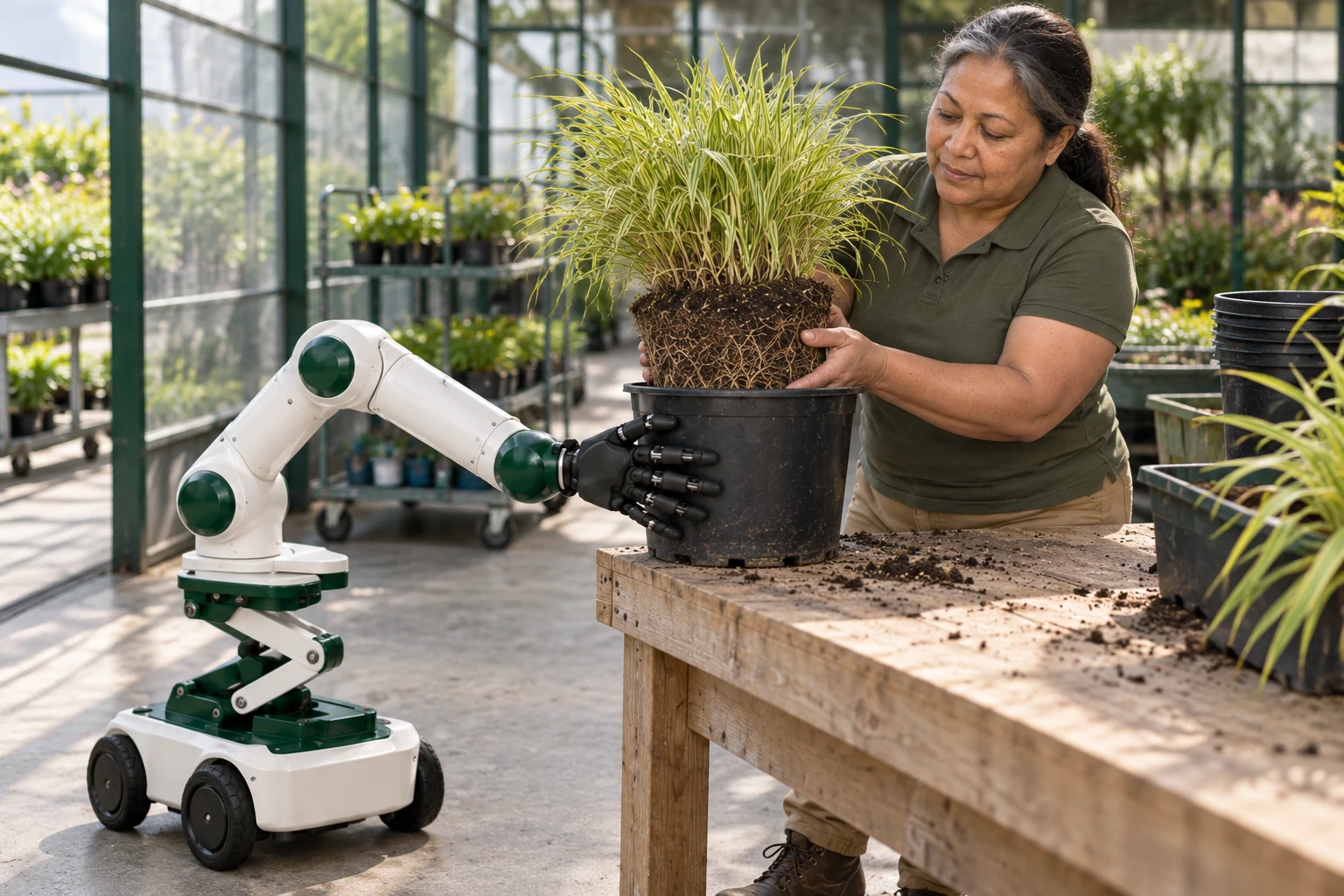 A nursery grower supports an ornamental grass rootball while the mobile robot steadies the upright pot on the bench.