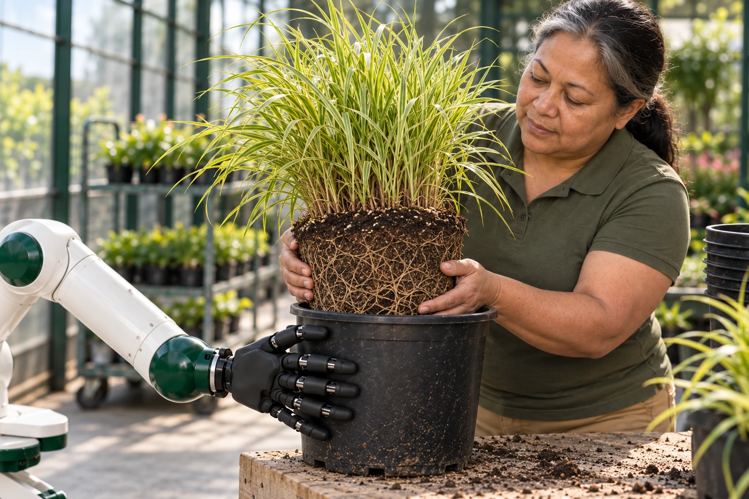 The robot contacts the outside of the black pot below its rim, clear of the grower’s hands and the lifted rootball.