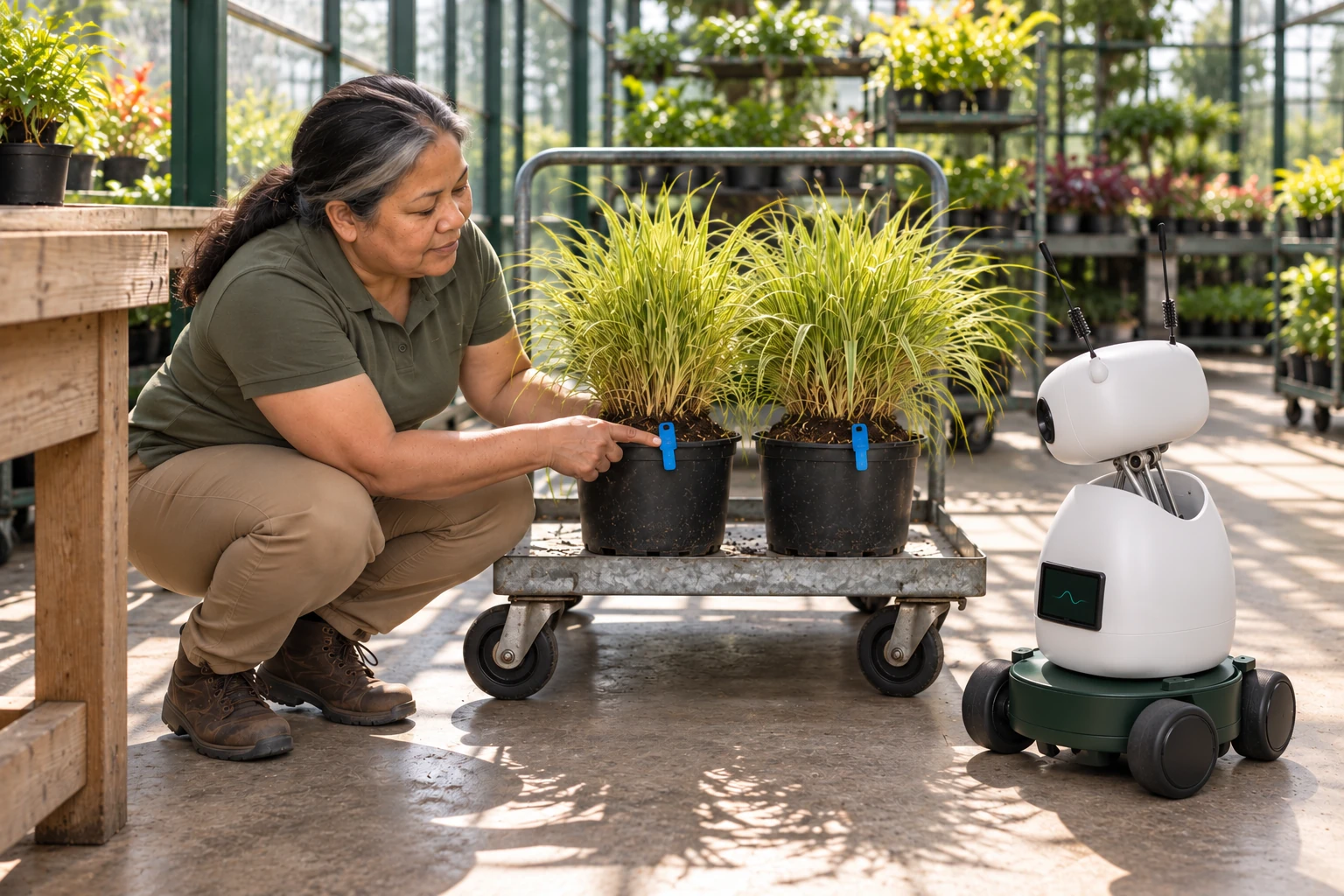 The grower shows Mini two ornamental grasses marked with blue clips for collection.