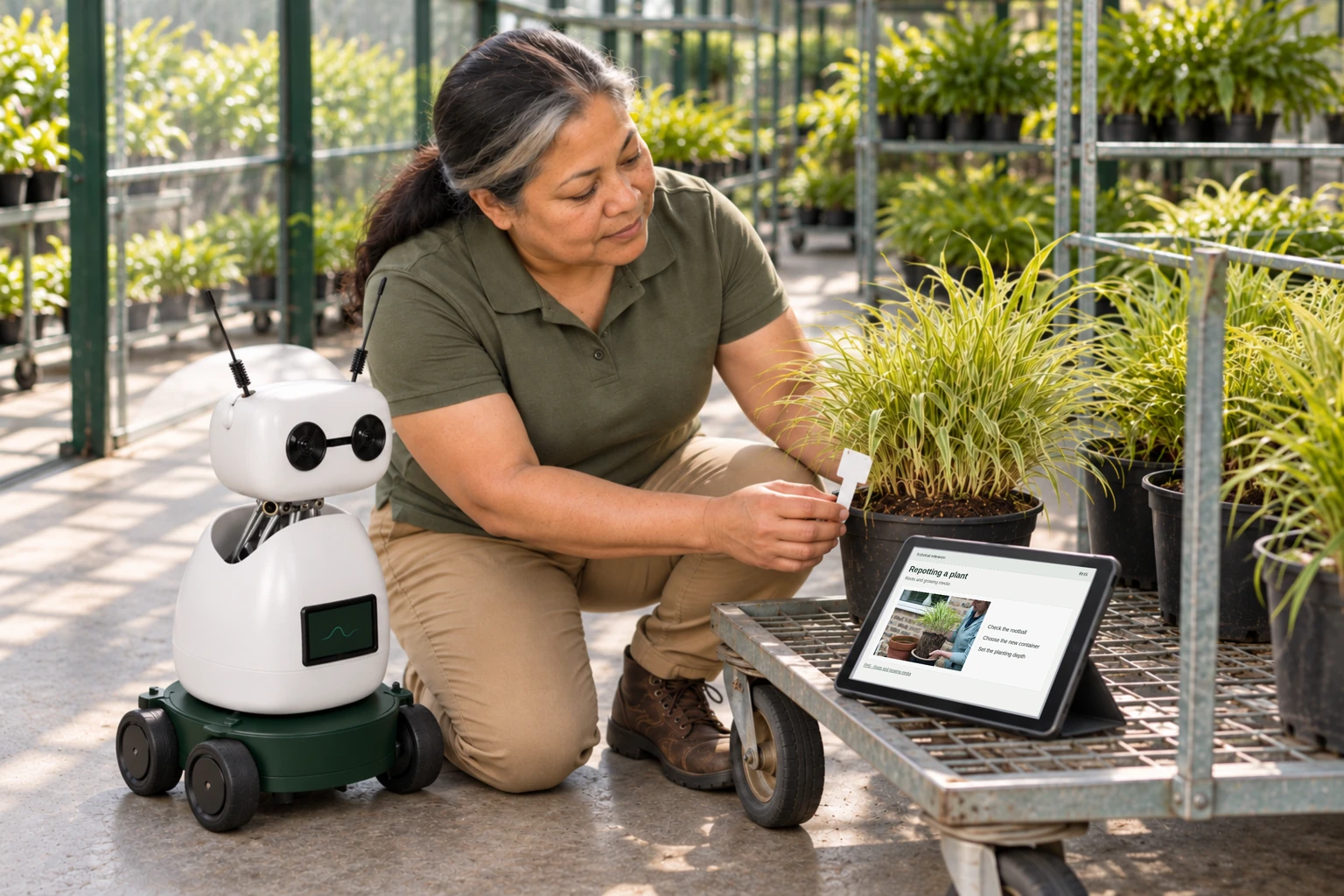 The grower and floor-level Mini consult repotting guidance beside the plant trolley.