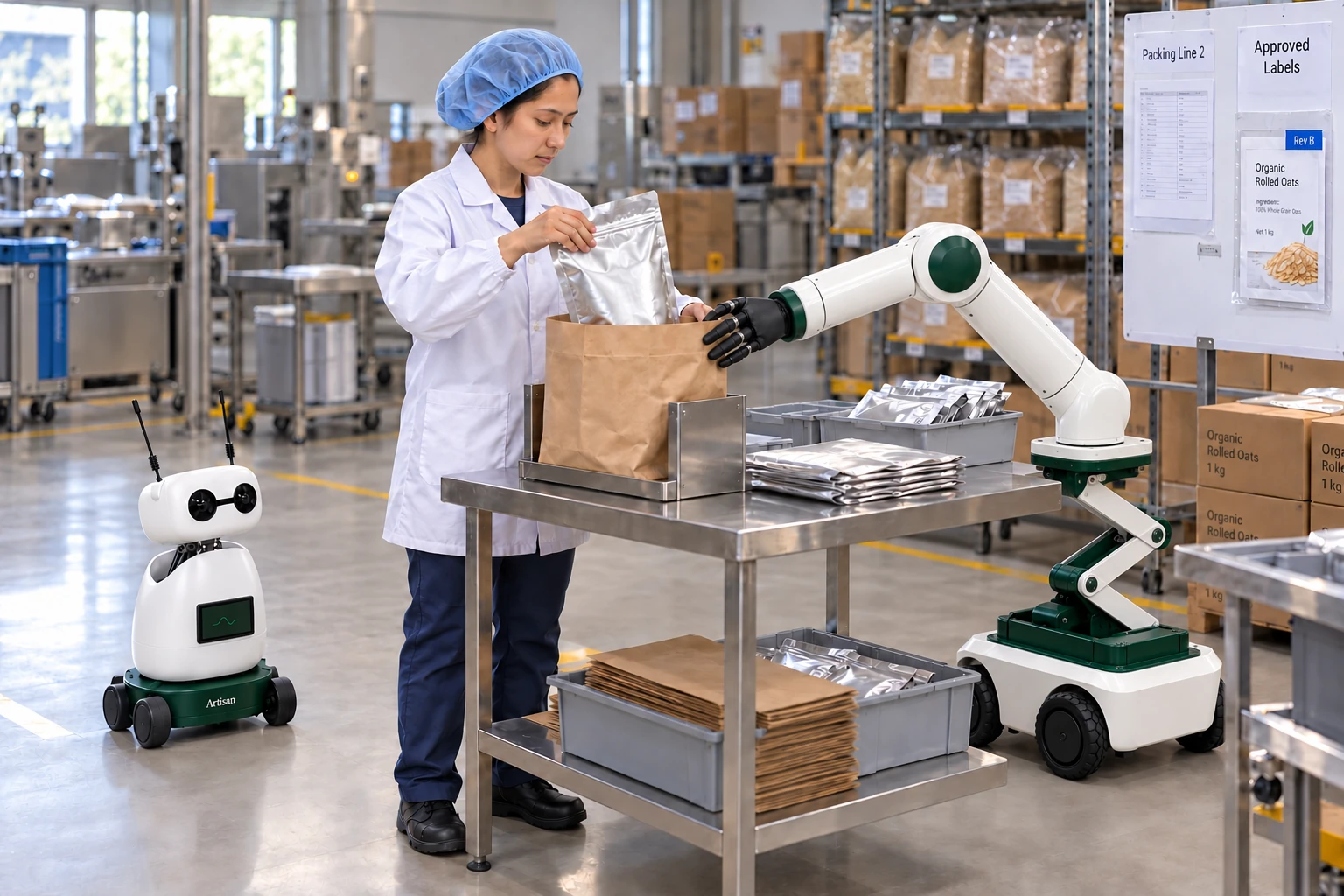 Muscle holds a paper outer sack’s reinforced mouth open while the packer lowers a sealed ingredient pouch into it. Mini watches beside the skilled worker.
