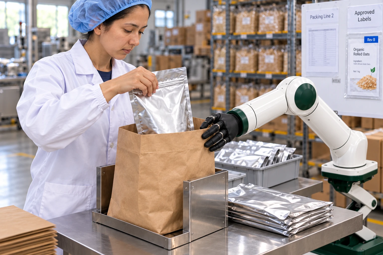 Muscle holds a paper outer sack’s reinforced mouth open while the packer lowers a sealed ingredient pouch into it.