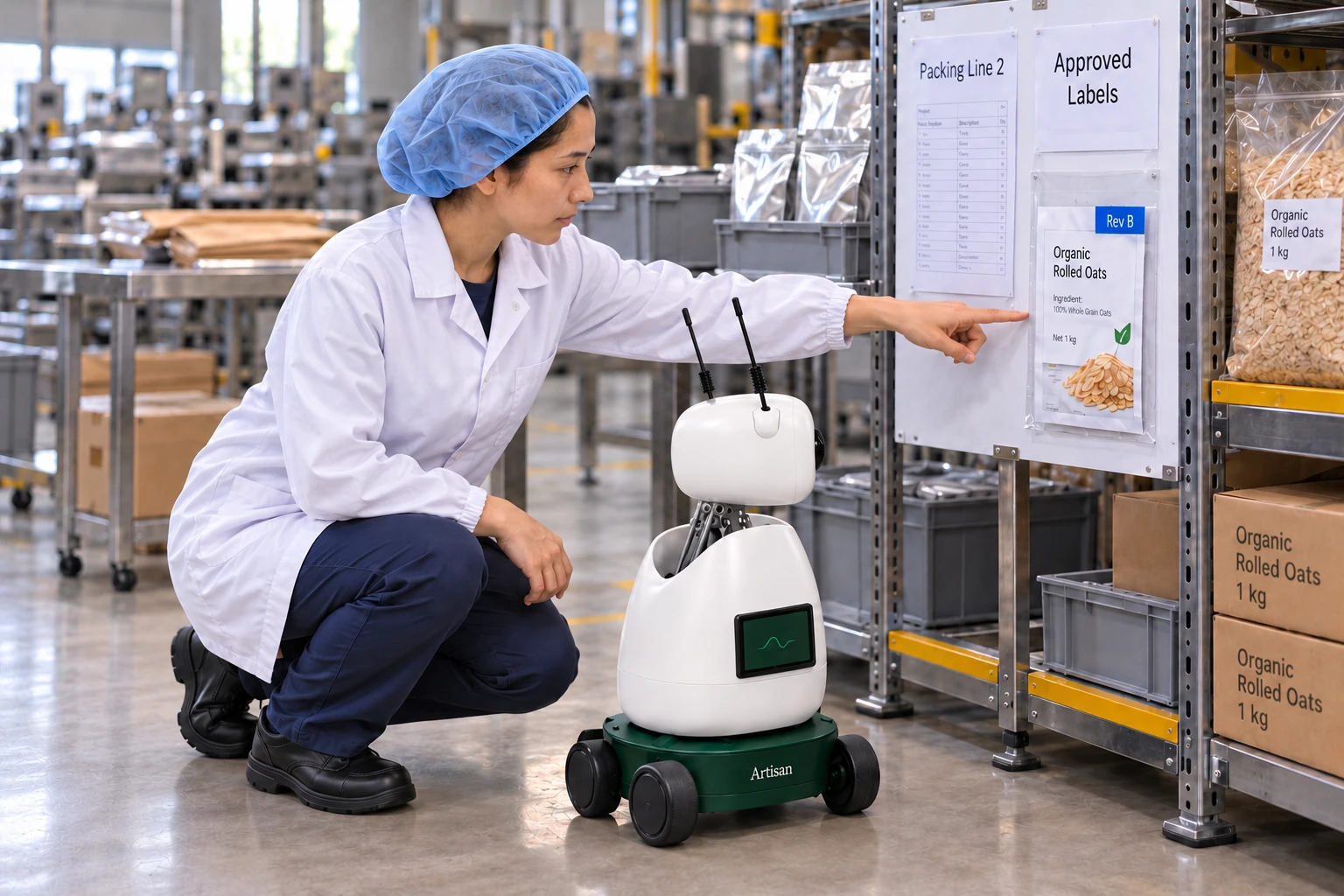 The packer shows Mini the blue-tabbed label proof and explains that its revision is linked to the customer’s ingredient order.