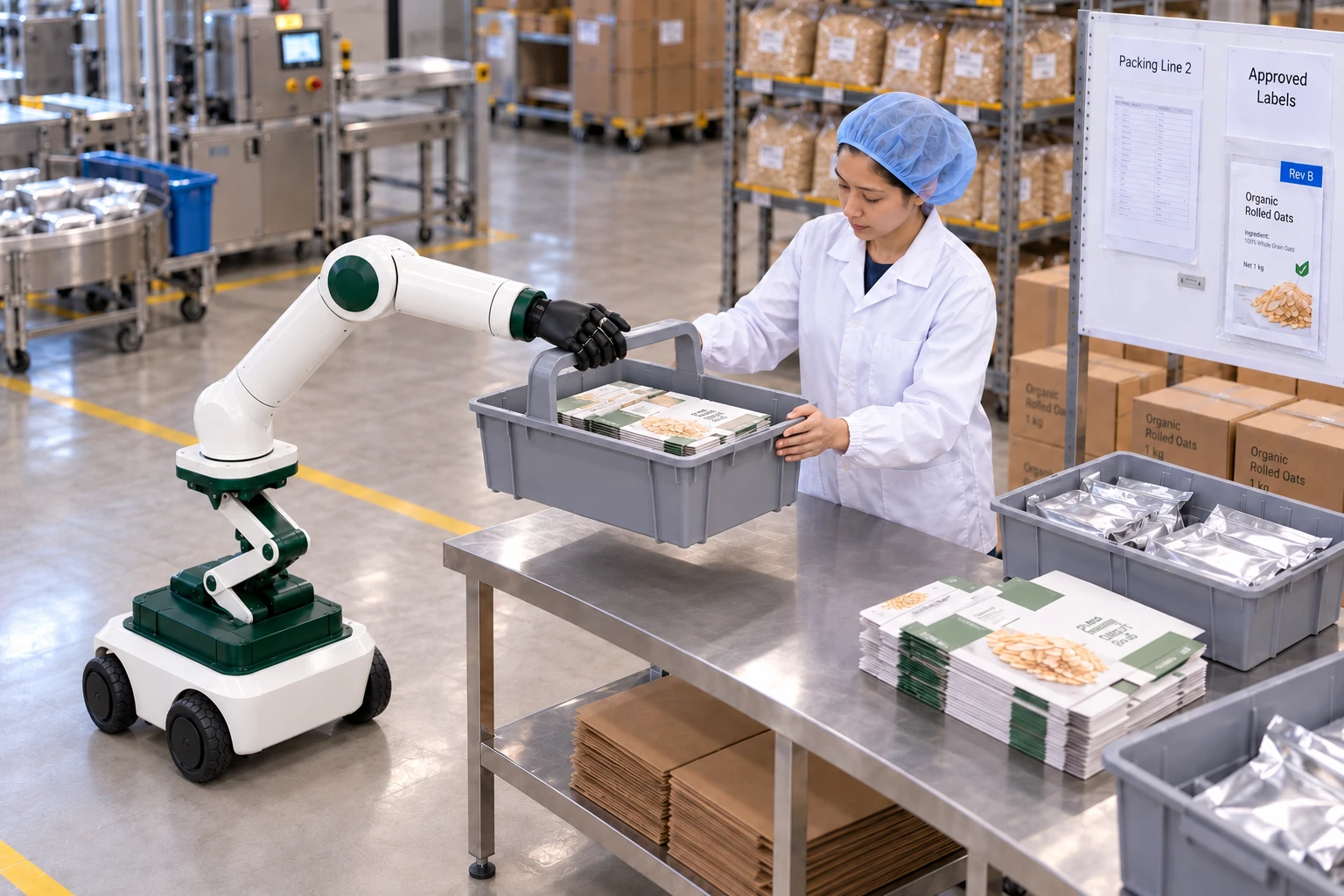 Muscle brings a small rigid handled box of preprinted customer sleeves to the packing table.