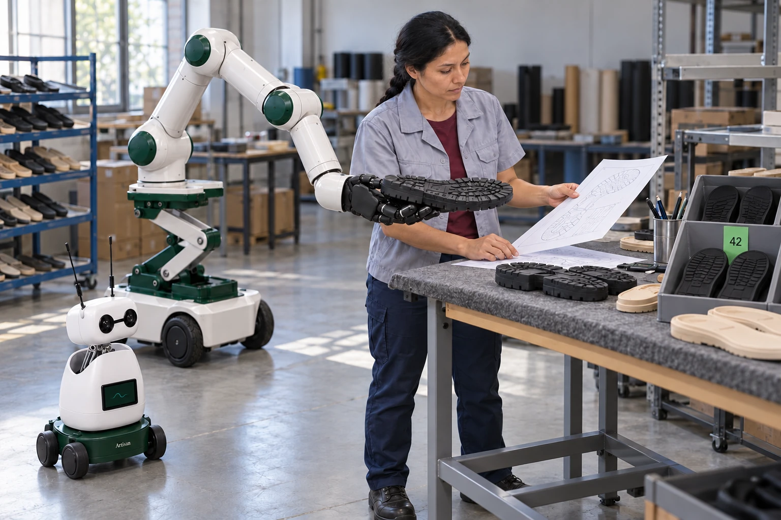 Muscle supports a broad sole sample on its open palm while the technician compares its profile with the job drawing. Mini watches beside the skilled worker.