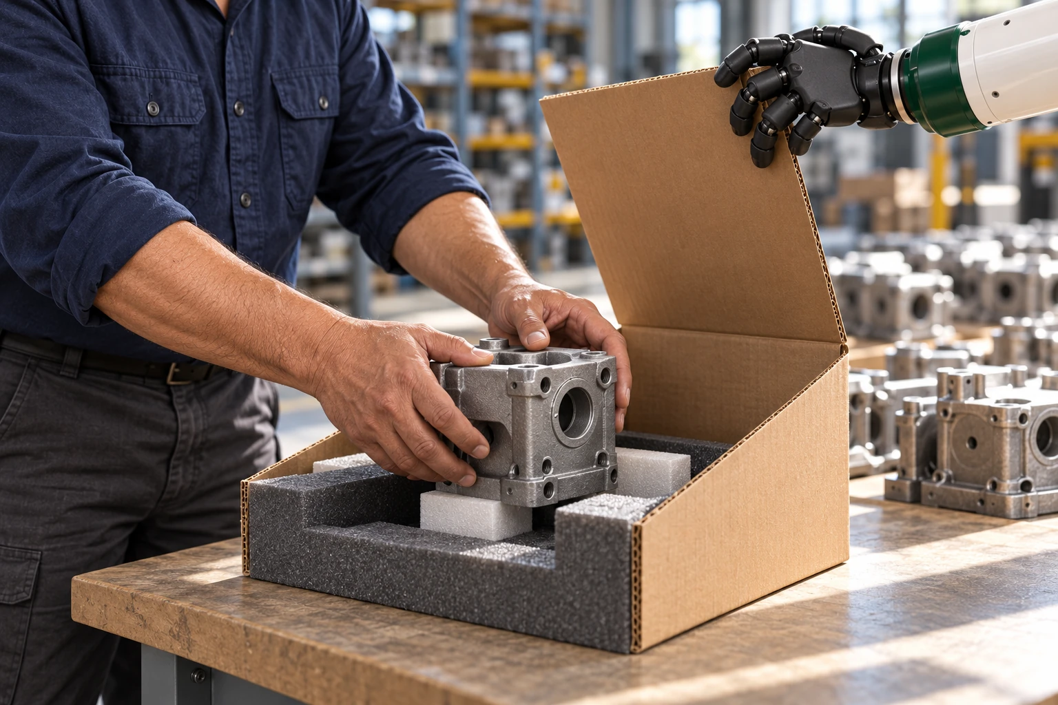 Muscle holds a cardboard protector open while the inspector uses both hands to position a cool small casting on a padded packing cradle.