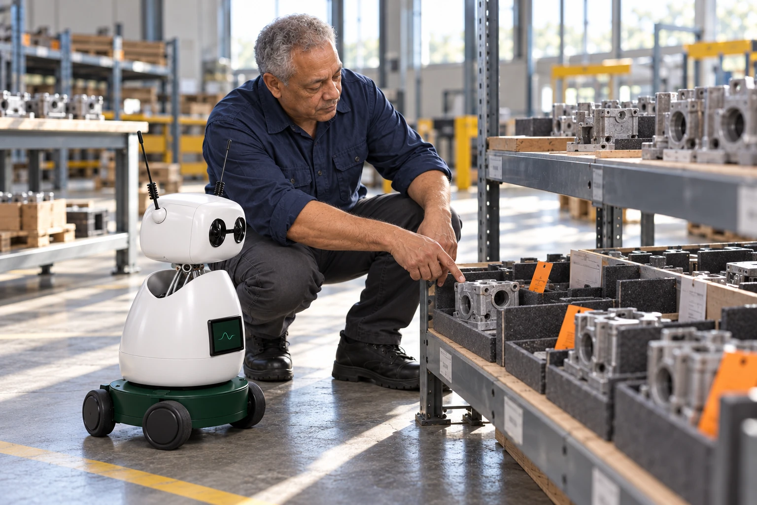 Inspector explains which cooled sample stays with this heat record until review. The worker shows Mini the retained casting sample, now in the orange-tagged compartment on the low inspection rack; Mini listens and looks at that actual object.