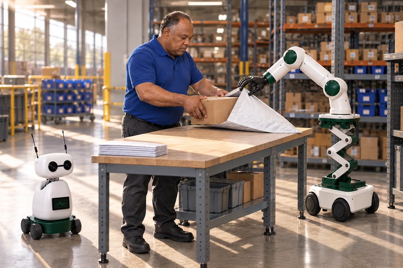 Muscle keeps a broad protective mailer open while the packer guides a bench-supported product carton inside with both hands. Mini observes the actual handwork from a separate clear floor position.