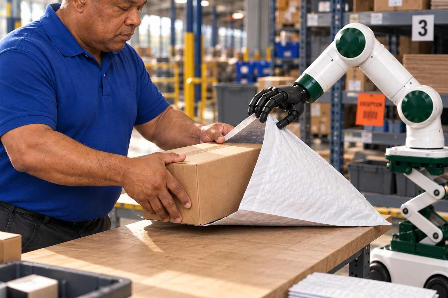 Muscle keeps a broad protective mailer open while the packer guides a bench-supported product carton inside with both hands.