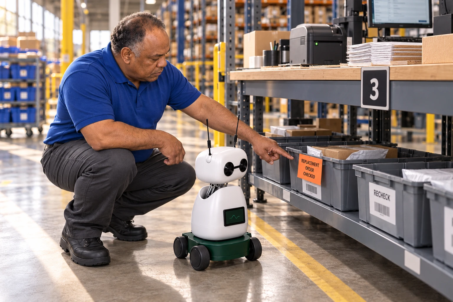 The supervisor explains that checked replacement orders stay on the recheck shelf until their dispatch note is updated. The worker identifies the checked replacement order with its orange exception card on the low recheck shelf beside packing station three.
