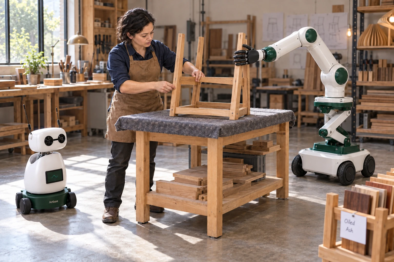 Muscle steadies an inverted chair frame’s outer rail while the maker seats a loose cross brace between its legs. Mini watches beside the skilled worker.