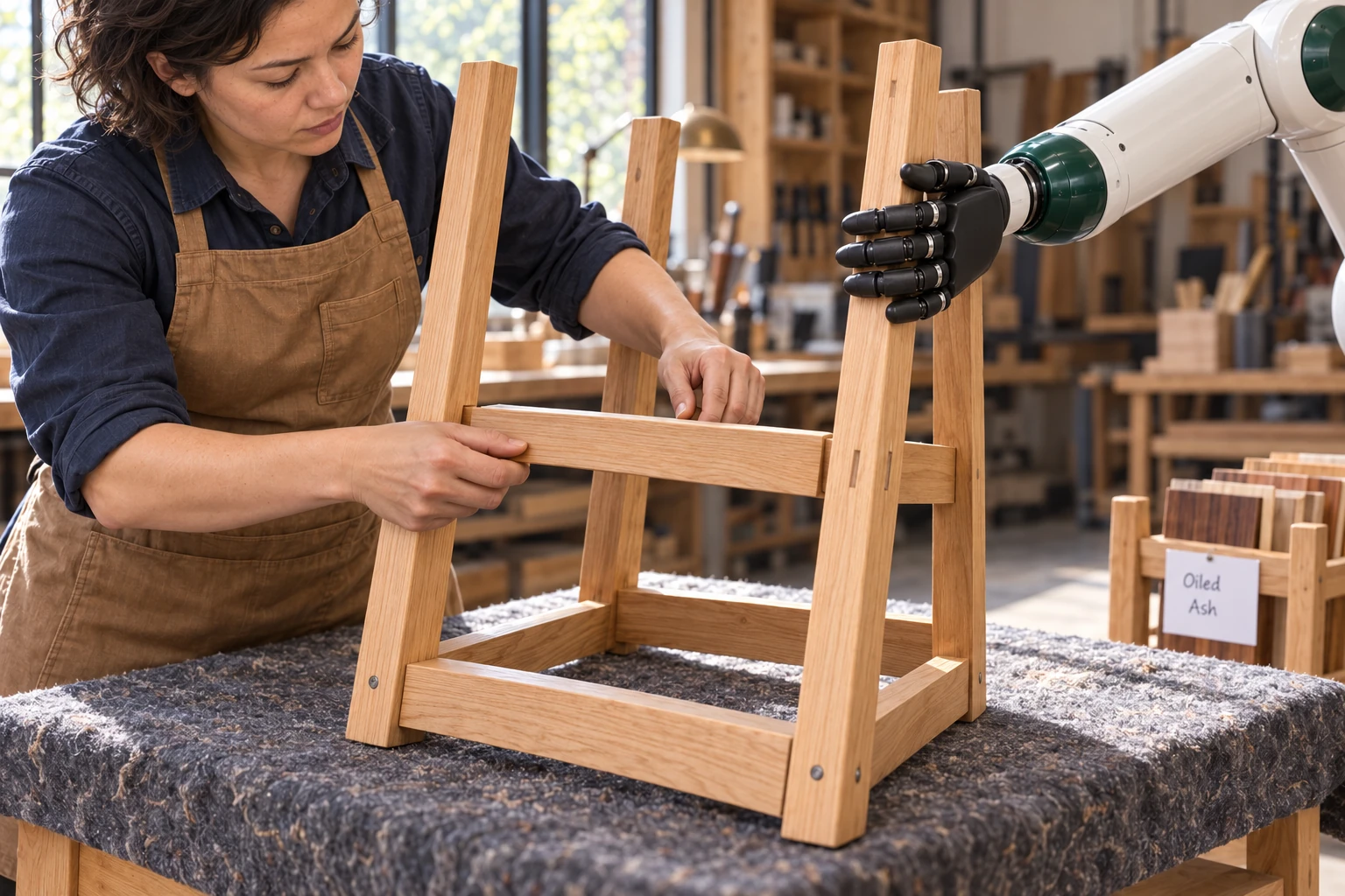 Muscle steadies an inverted chair frame’s outer rail while the maker seats a loose cross brace between its legs.