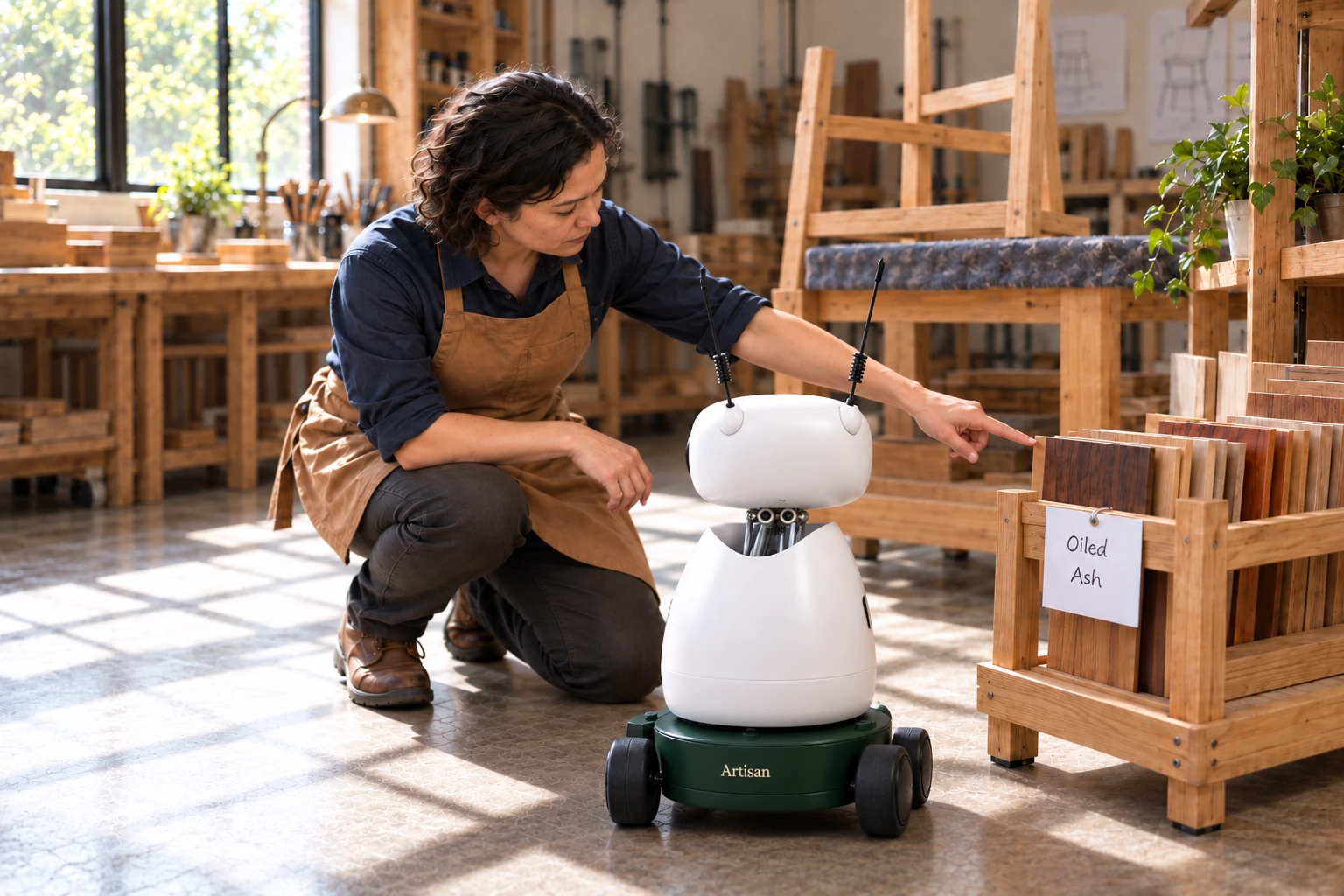 The maker explains that the oiled ash sample and white card record the customer’s approved chair finish.
