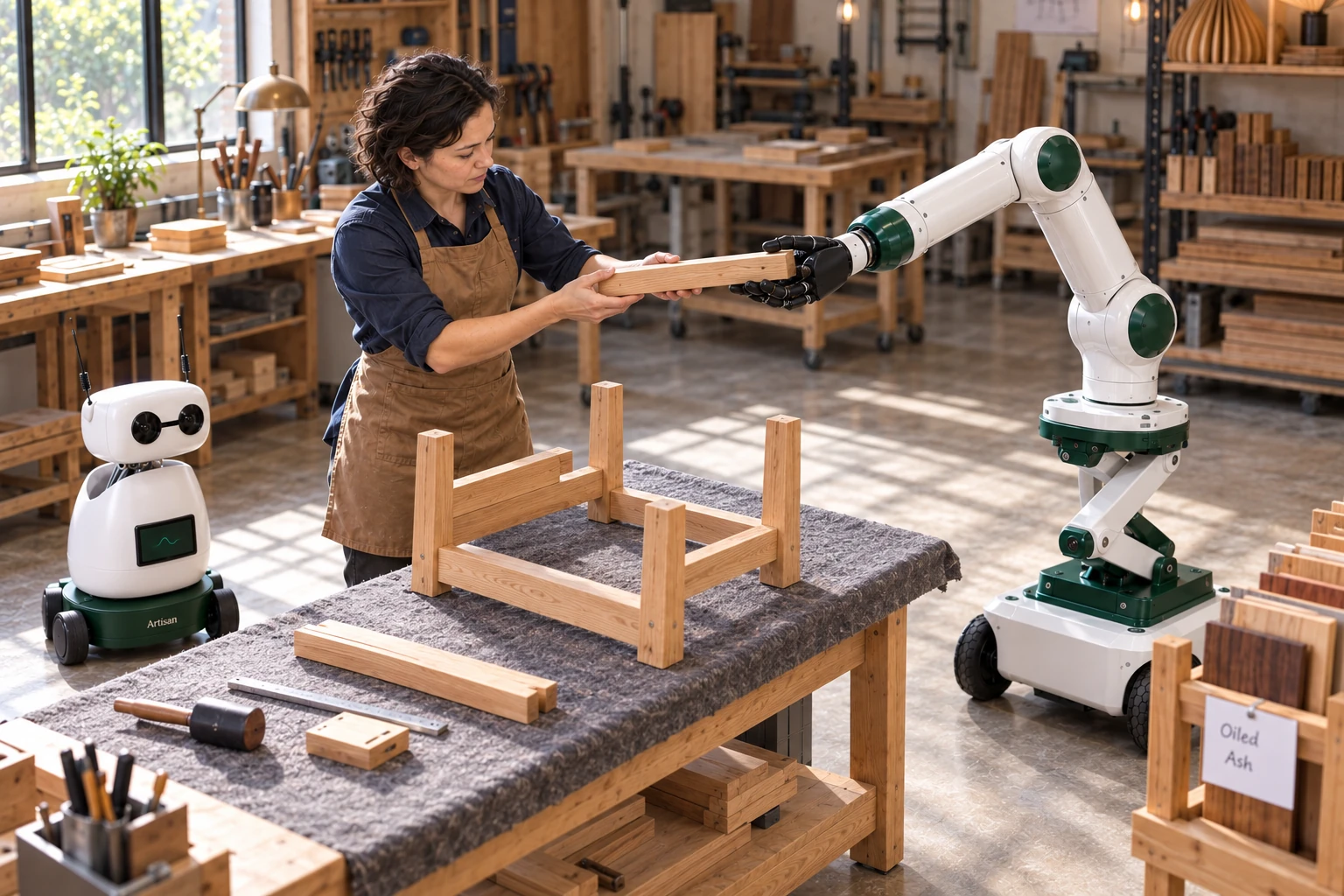 Muscle brings a prepared wooden cross brace to the maker on its open palm.