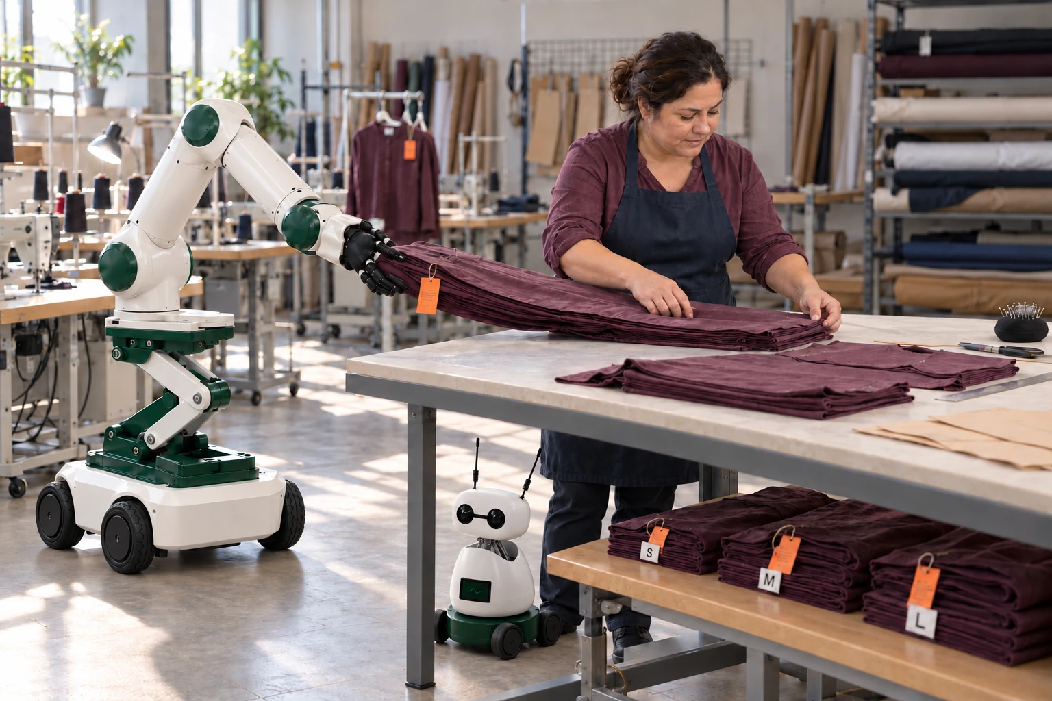 Muscle supports the loose end of a long sleeve bundle while the machinist lays it flat with the matching fronts on a cutting table. Mini watches beside the skilled worker.
