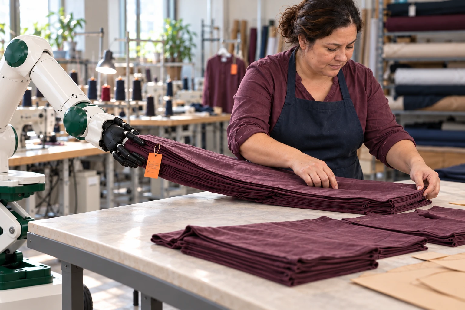 Muscle supports the loose end of a long sleeve bundle while the machinist lays it flat with the matching fronts on a cutting table.