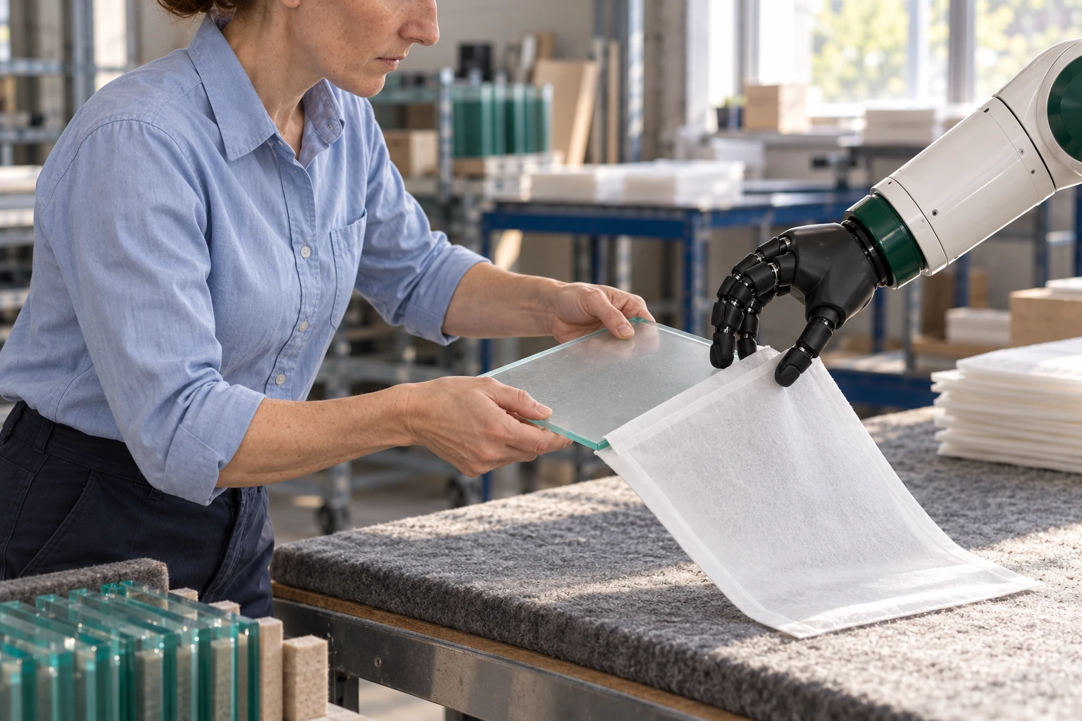 Muscle holds the reinforced mouth of a protective sleeve open while the finisher slides a small edge-finished glass sample into it from a padded bench.