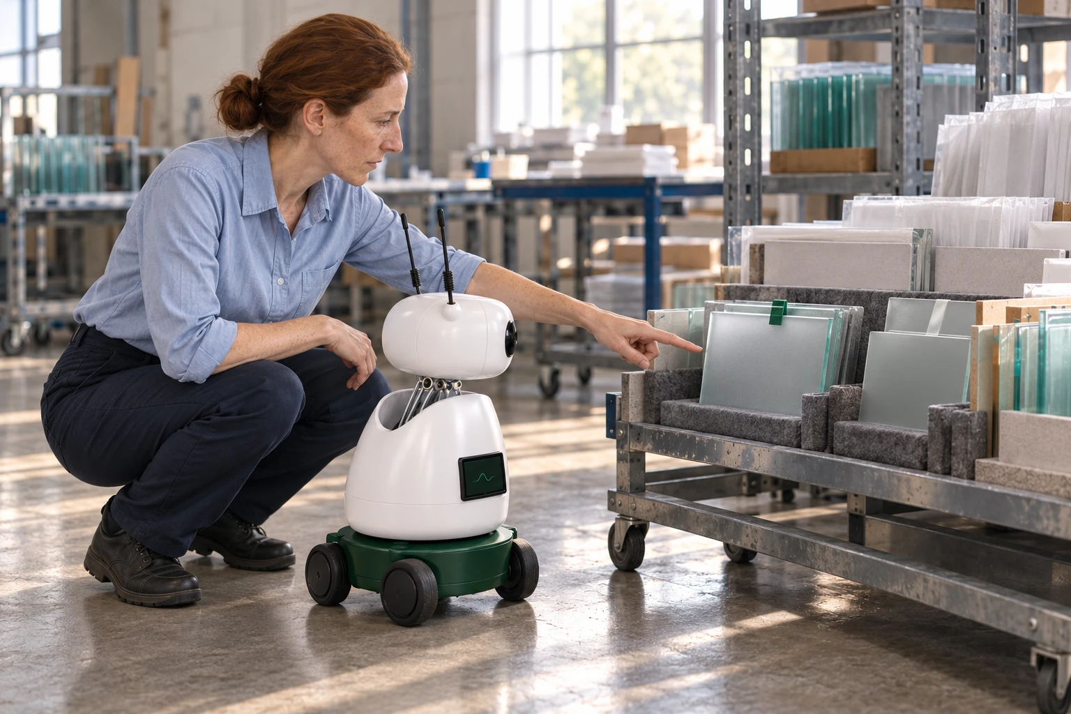 The finisher explains that the clipped sample records the customer’s chosen frosted face and edge finish. The worker identifies the approved frosted sample with a green job clip in the padded low sample rack.