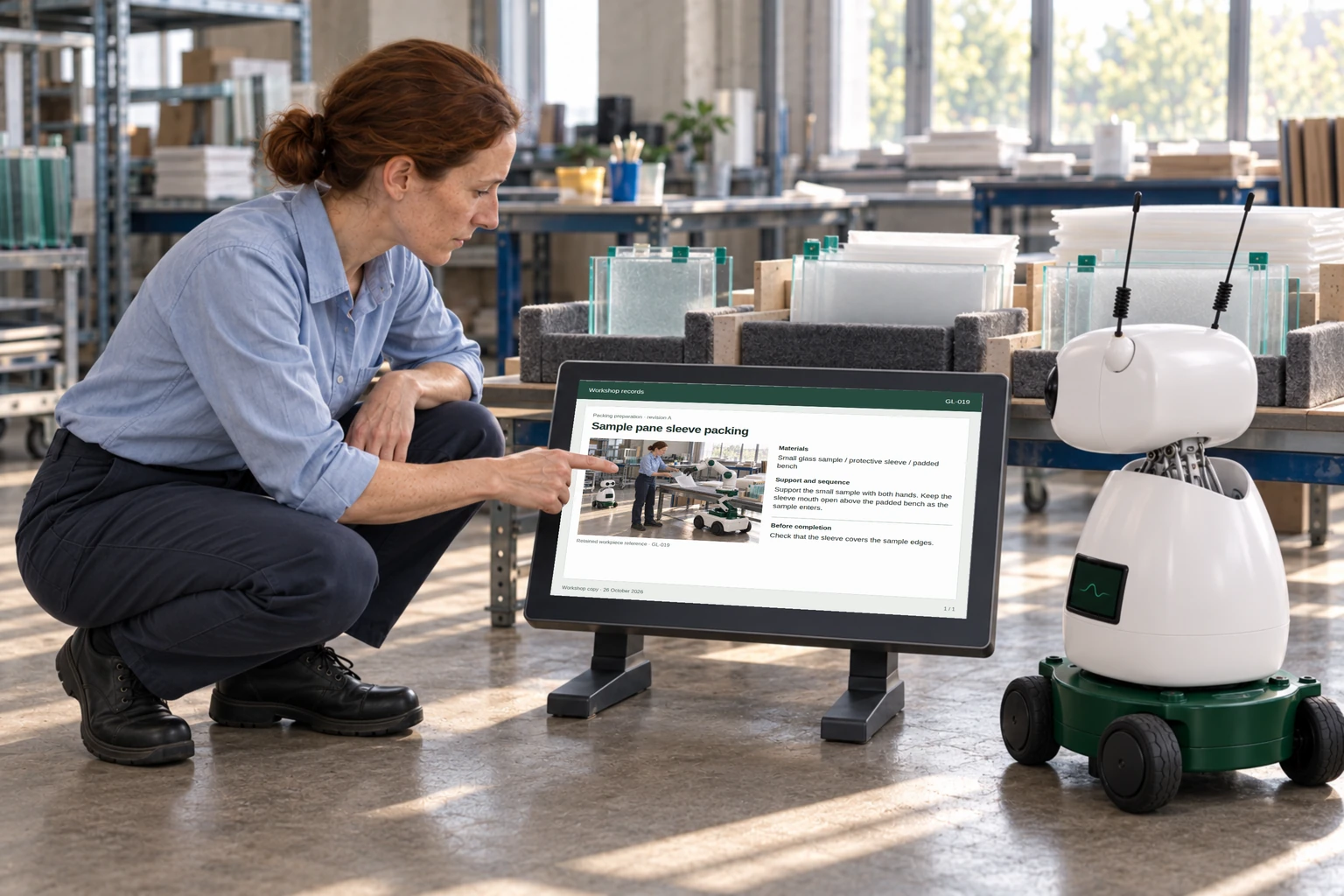 The finisher and Mini compare the customer’s glass specification with a labelled edge-finished sample.