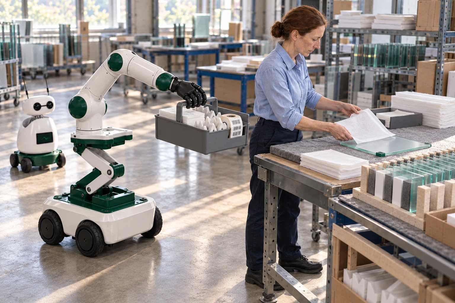 Muscle brings one handled caddy of protective corners, interleaving sheets and labels to the packing station.