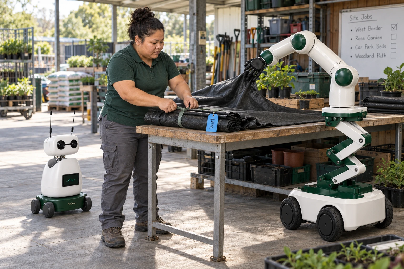 Muscle keeps the loose edge of a lightweight planting-membrane sheet spread while a grounds worker folds and ties the measured bundle for a site job. Mini observes the actual handwork from a separate clear floor position.