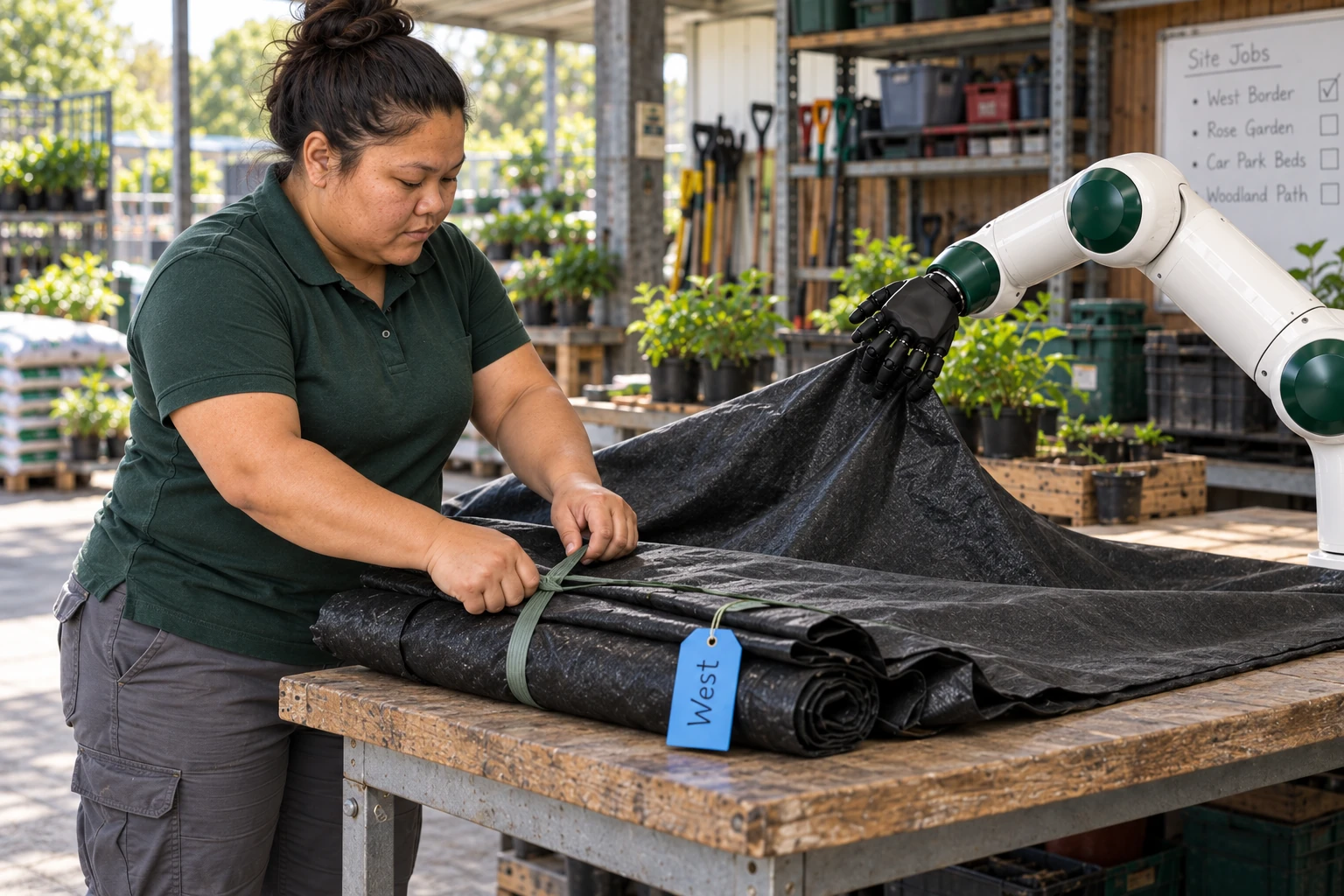 Muscle keeps the loose edge of a lightweight planting-membrane sheet spread while a grounds worker folds and ties the measured bundle for a site job.