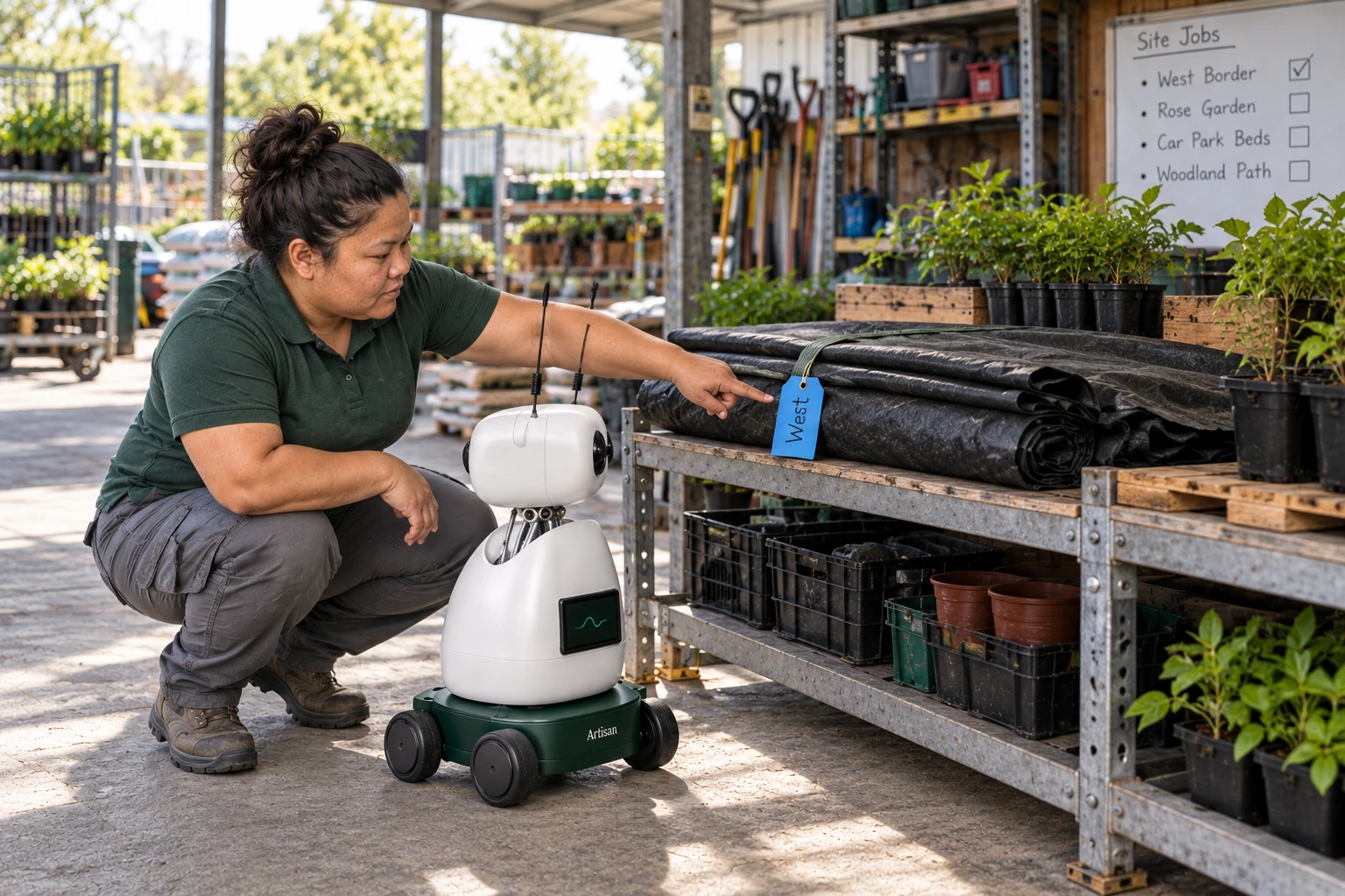 The crew lead explains that the blue site tag identifies the prepared materials for the West border job. The worker identifies the prepared planting bundle with the blue West border tag on the low departure rack for the morning crew.