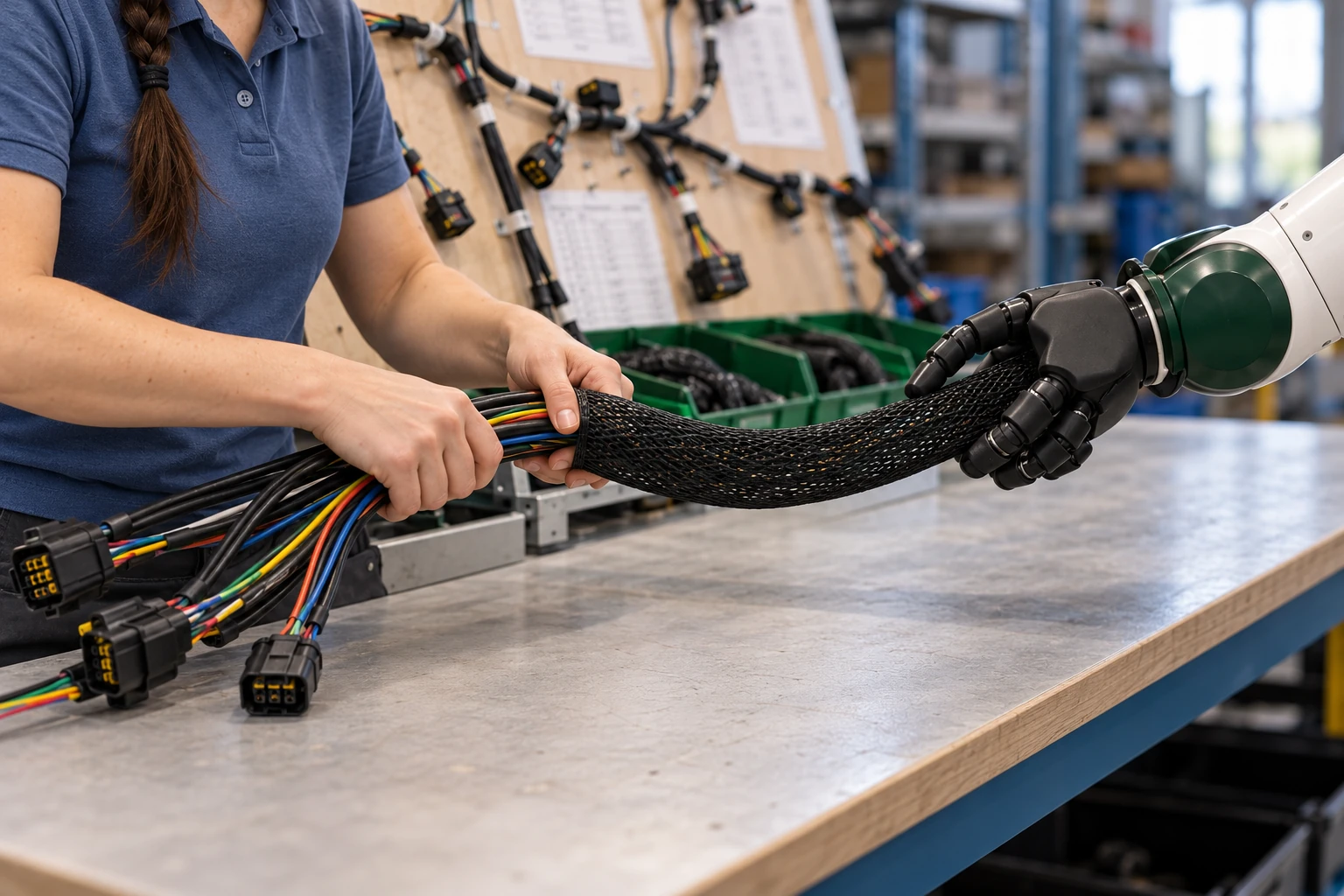 Muscle supports the slack end of a broad protective sleeve while the worker uses both hands to feed a loose cable bundle into its near end.