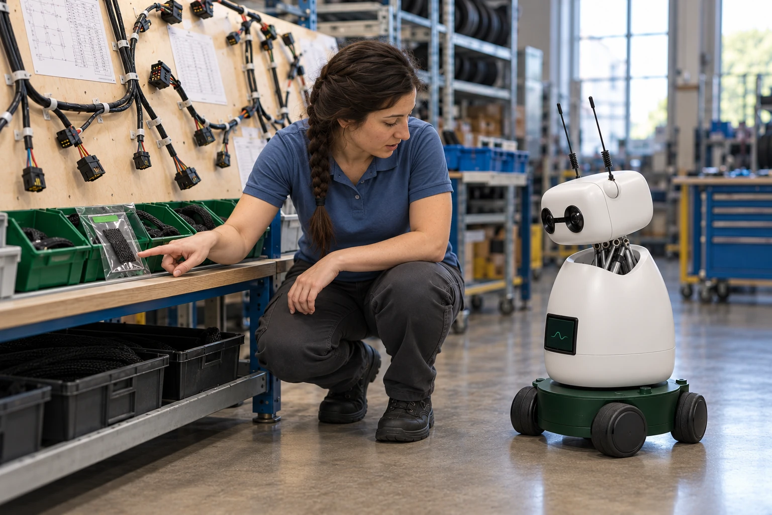Worker explains how this sleeve sample identifies the material used for this harness revision. The worker shows Mini the approved sleeving sample, now in the green-tagged pouch on the lower harness-board rail; Mini listens and looks at that actual object.