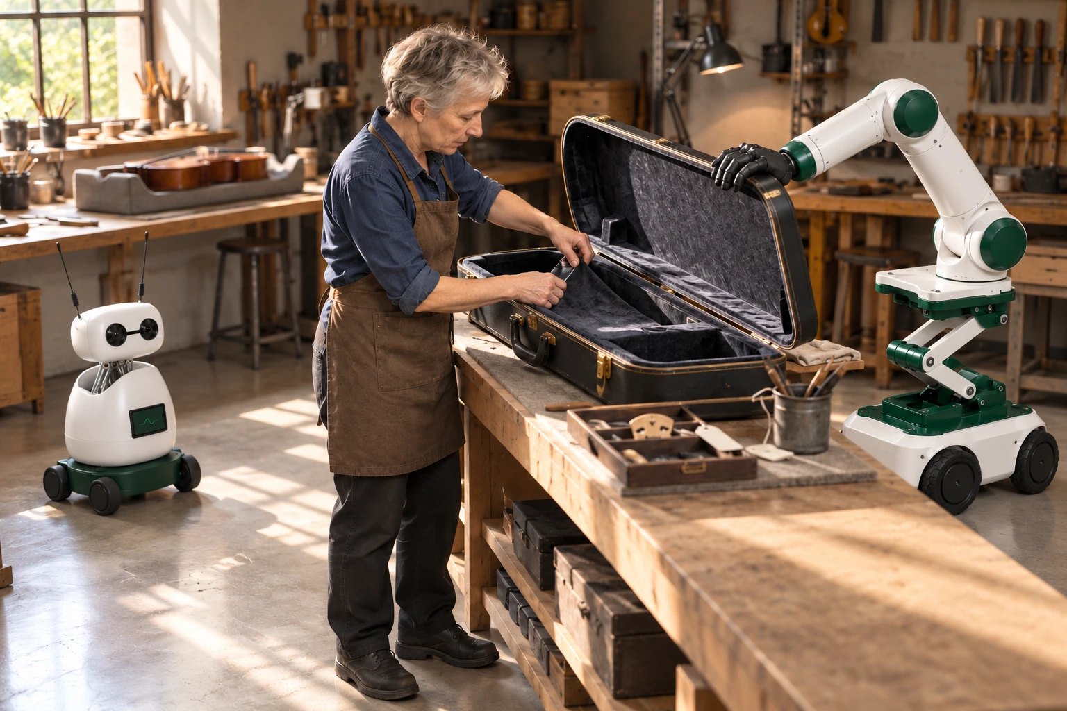 Muscle steadies the raised lid of an empty instrument case while the luthier refits its removable lining panel with both hands. Mini observes the actual handwork from a separate clear floor position.